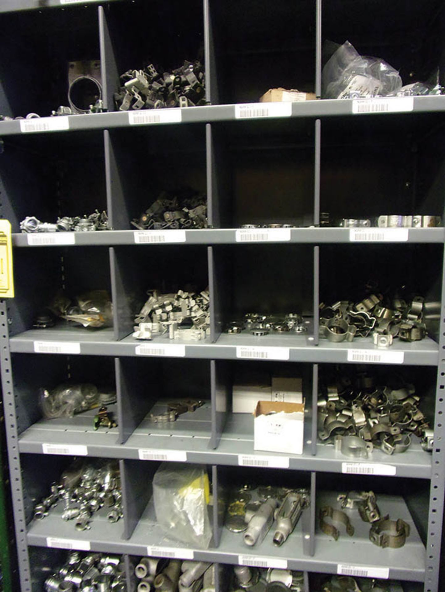 PARTS BIN WITH CONTENTS; HANGERS, COVERS, AND FITTINGS