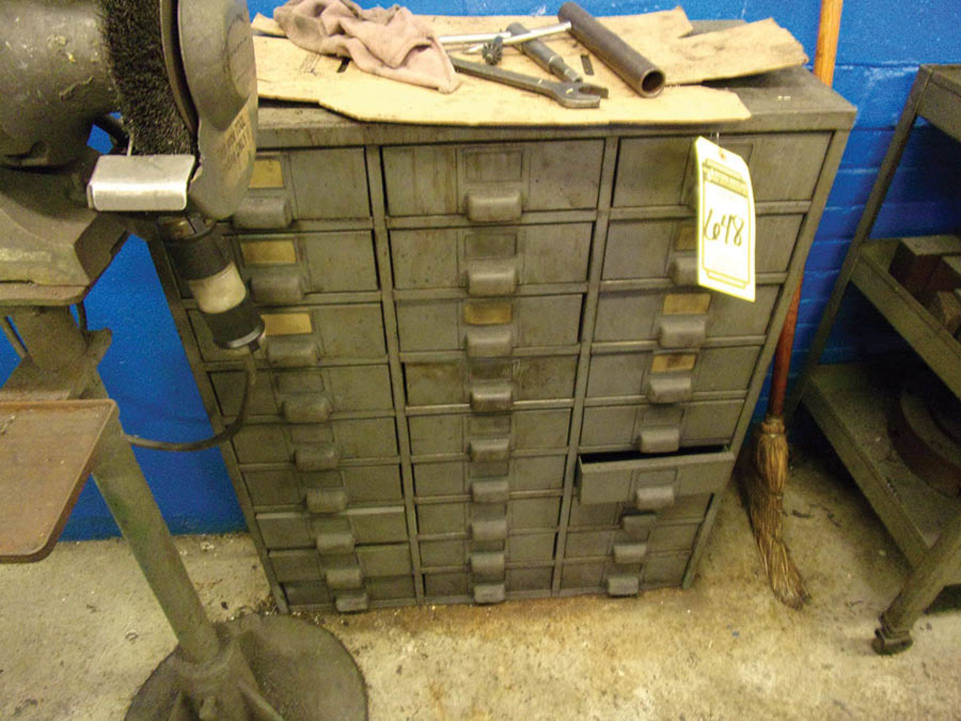 27-DRAWER CABINET WITH EYE BOLTS, HOLD DOWNS, BUSHINGS, AND CART WITH TOOLING