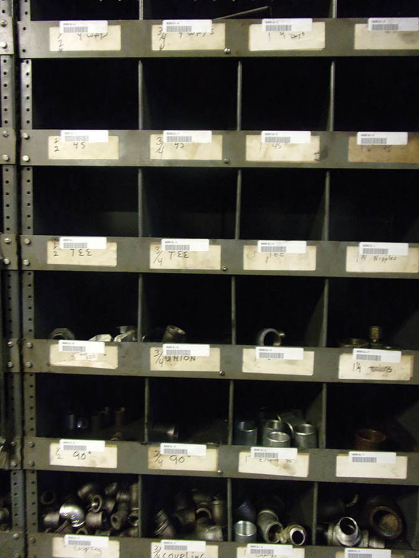 PARTS BIN WITH CONTENTS; COUPLINGS, UNIONS, AND ELBOWS