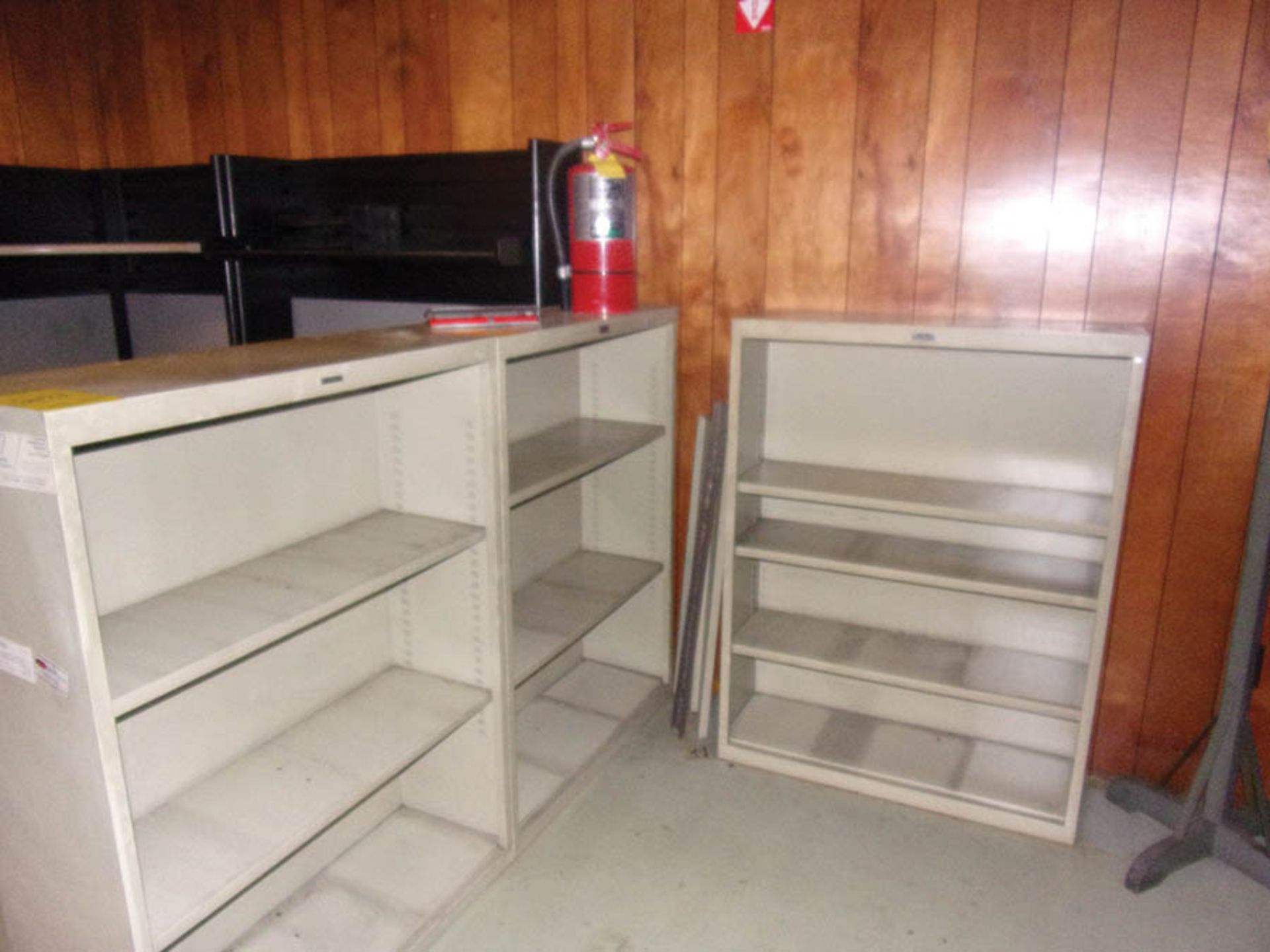 (1) CORNER DESK, FILE CABINETS, SHELF UNITS (X3), SMALL PARTS BINS - Image 2 of 3