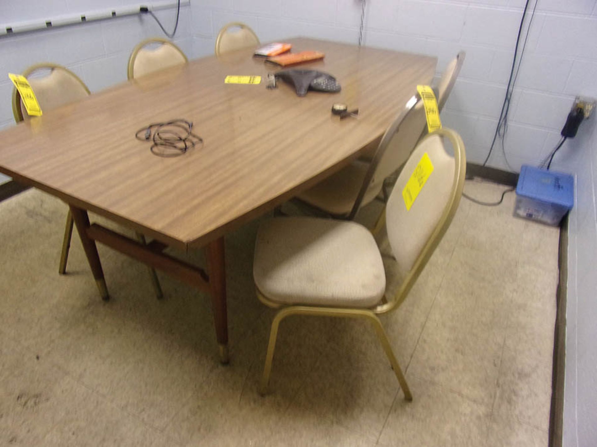 TABLE, (6) CHAIRS, POLYCOM PHONE, AND PROJECTOR SCREEN