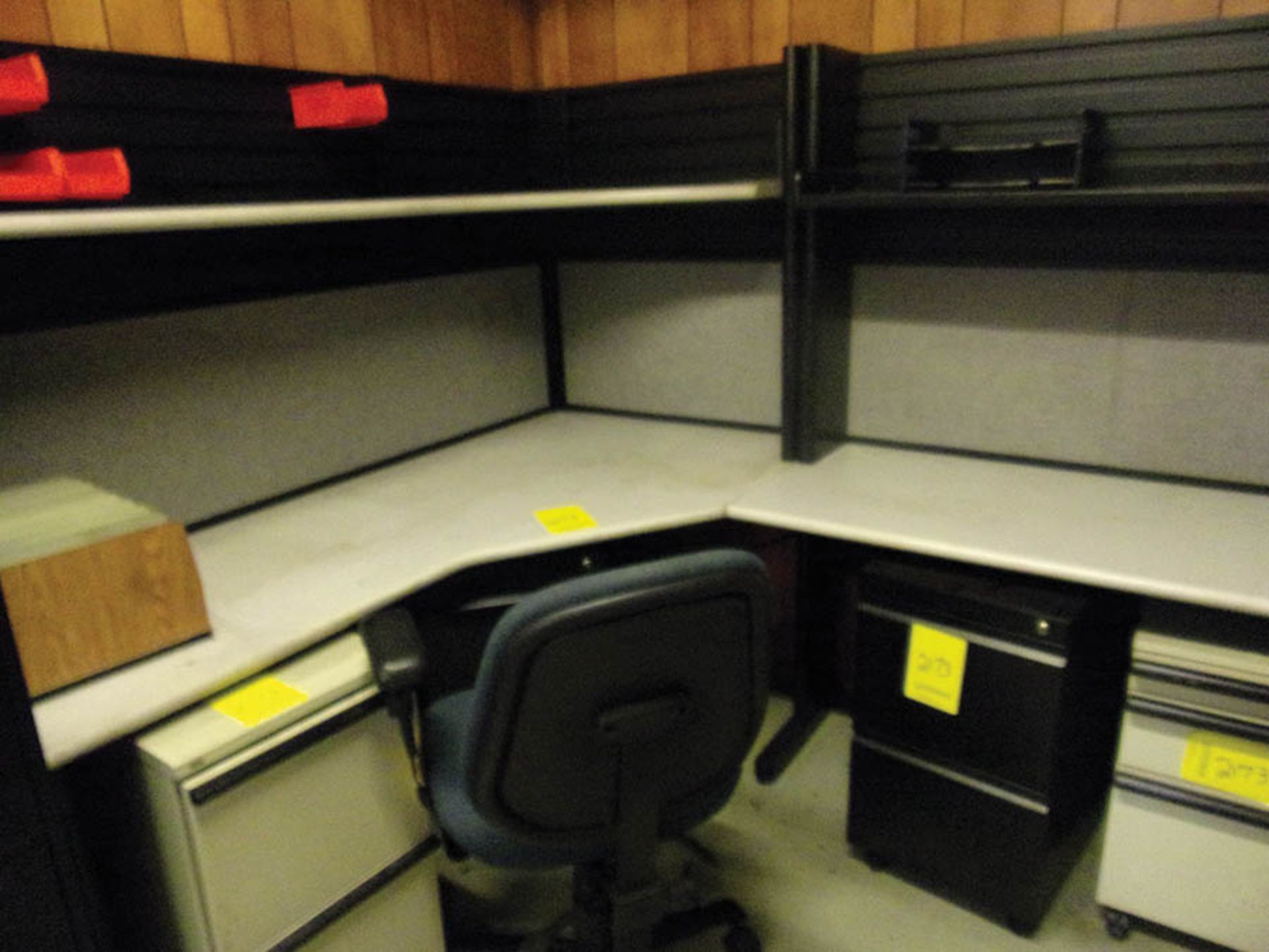 (1) CORNER DESK, FILE CABINETS, SHELF UNITS (X3), SMALL PARTS BINS