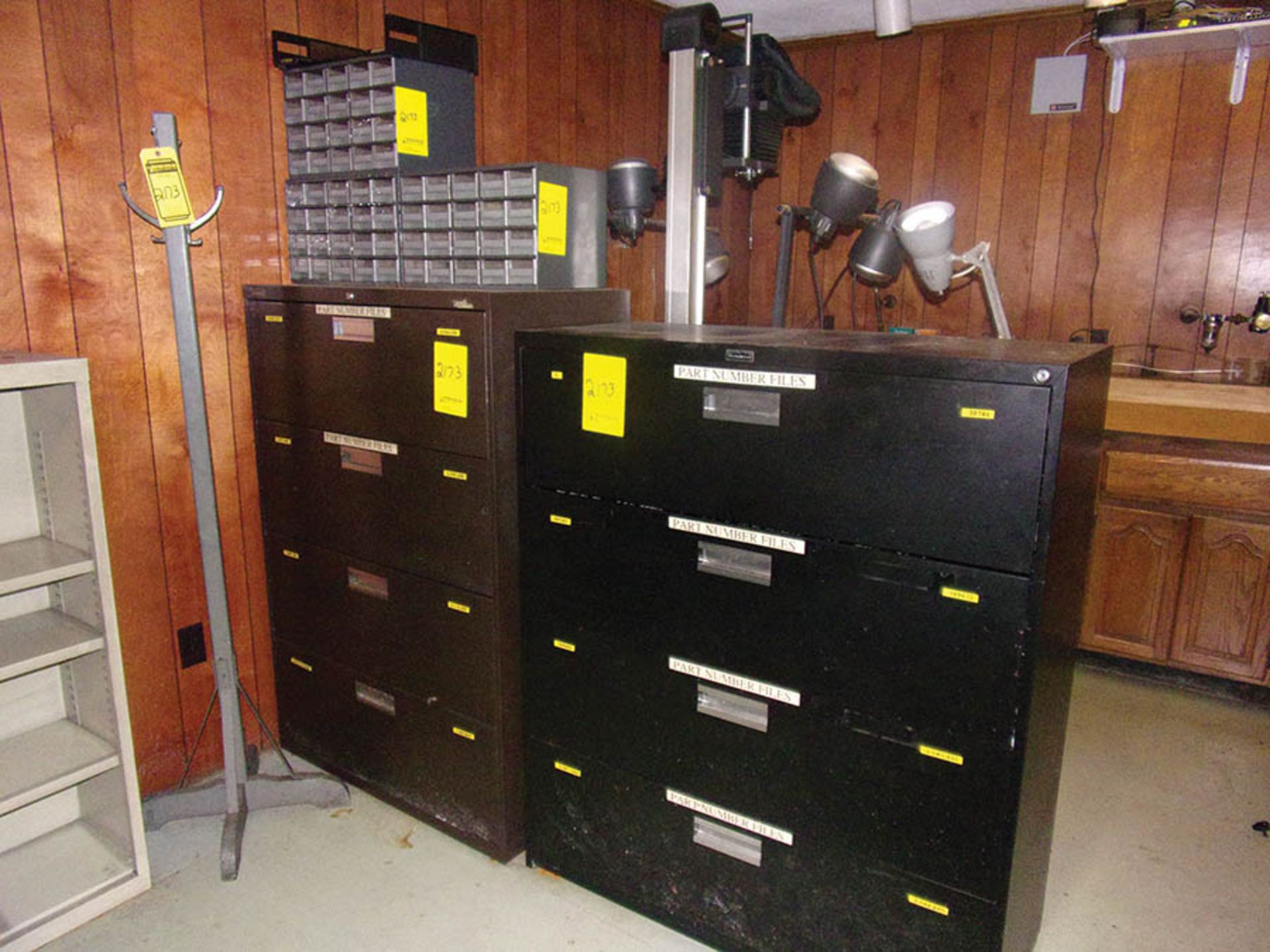 (1) CORNER DESK, FILE CABINETS, SHELF UNITS (X3), SMALL PARTS BINS - Image 3 of 3