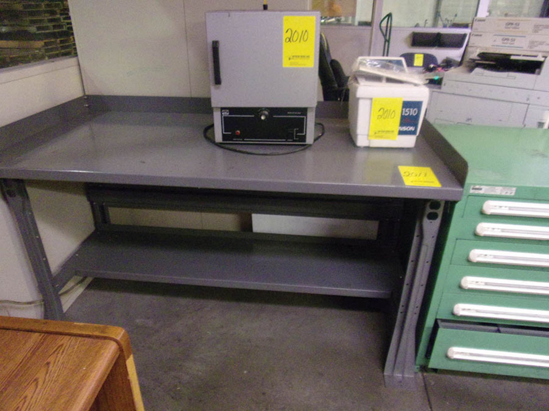 (3) METAL WORKBENCHES, (1) W/ OVERHEAD LIGHT, POWER STRIP