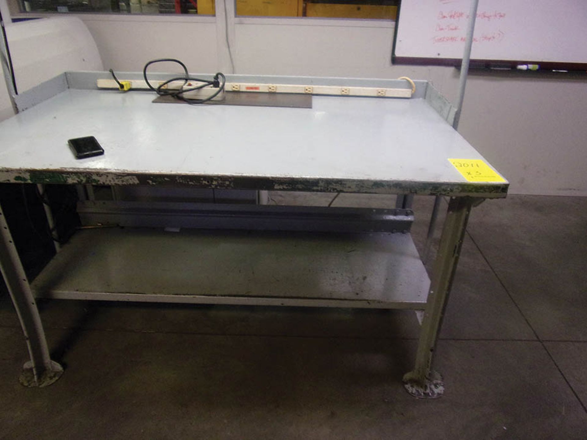 (3) METAL WORKBENCHES, (1) W/ OVERHEAD LIGHT, POWER STRIP - Image 2 of 3