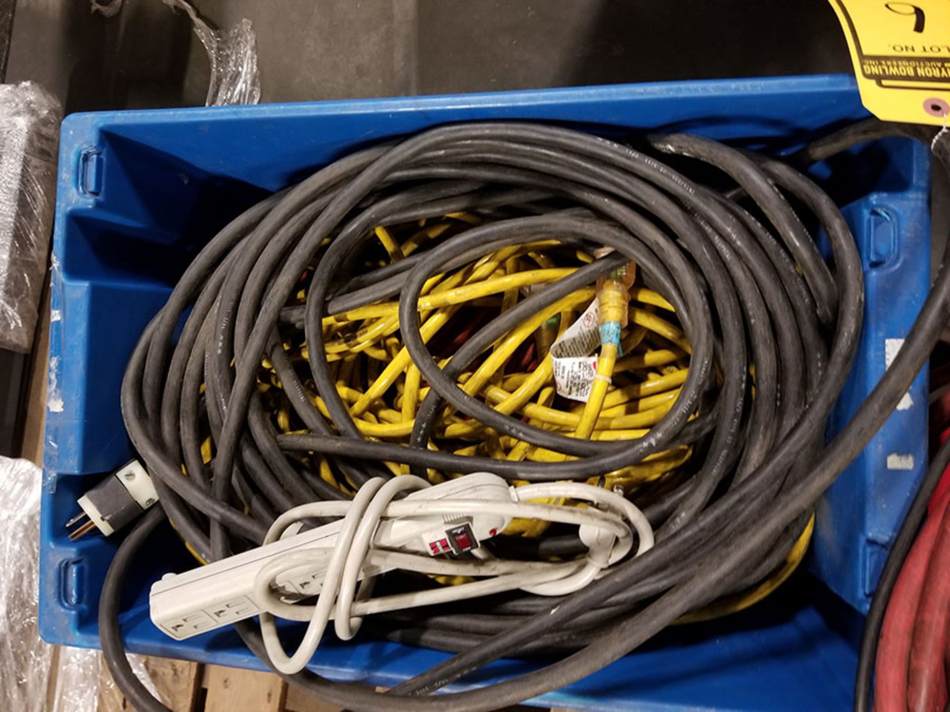 PALLET OF EXTENSION CORDS, 120 & 240 V, POWER STRIP CORDS, OVERHEAD CONE LIGHTS