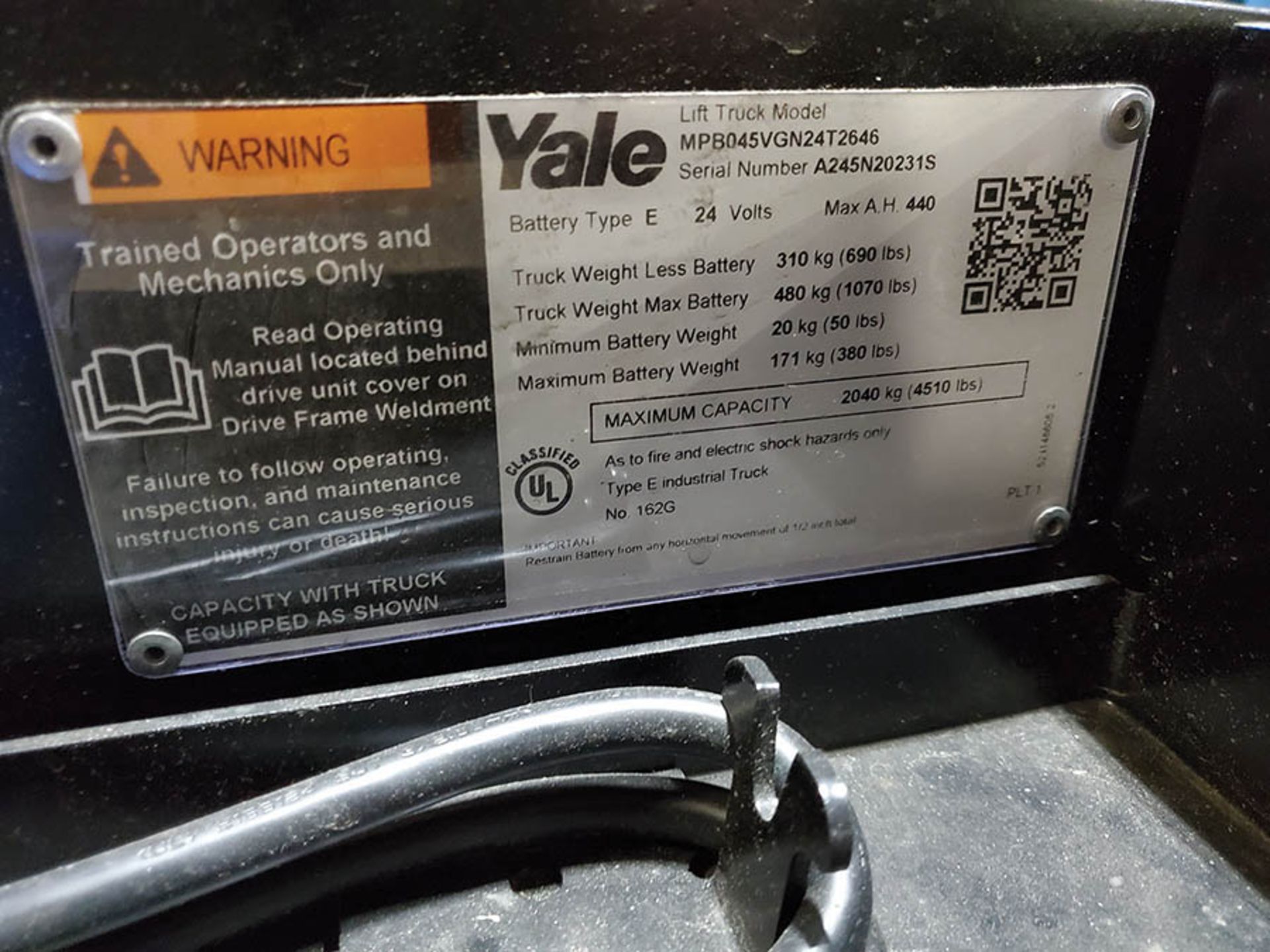 2019 YALE 4,500 LB. ELECTRIC PALLET JACK, MODEL MPB045VGN24T2646, 24-VOLT, TYPE E, 440 A.H., 46’’ - Image 9 of 9