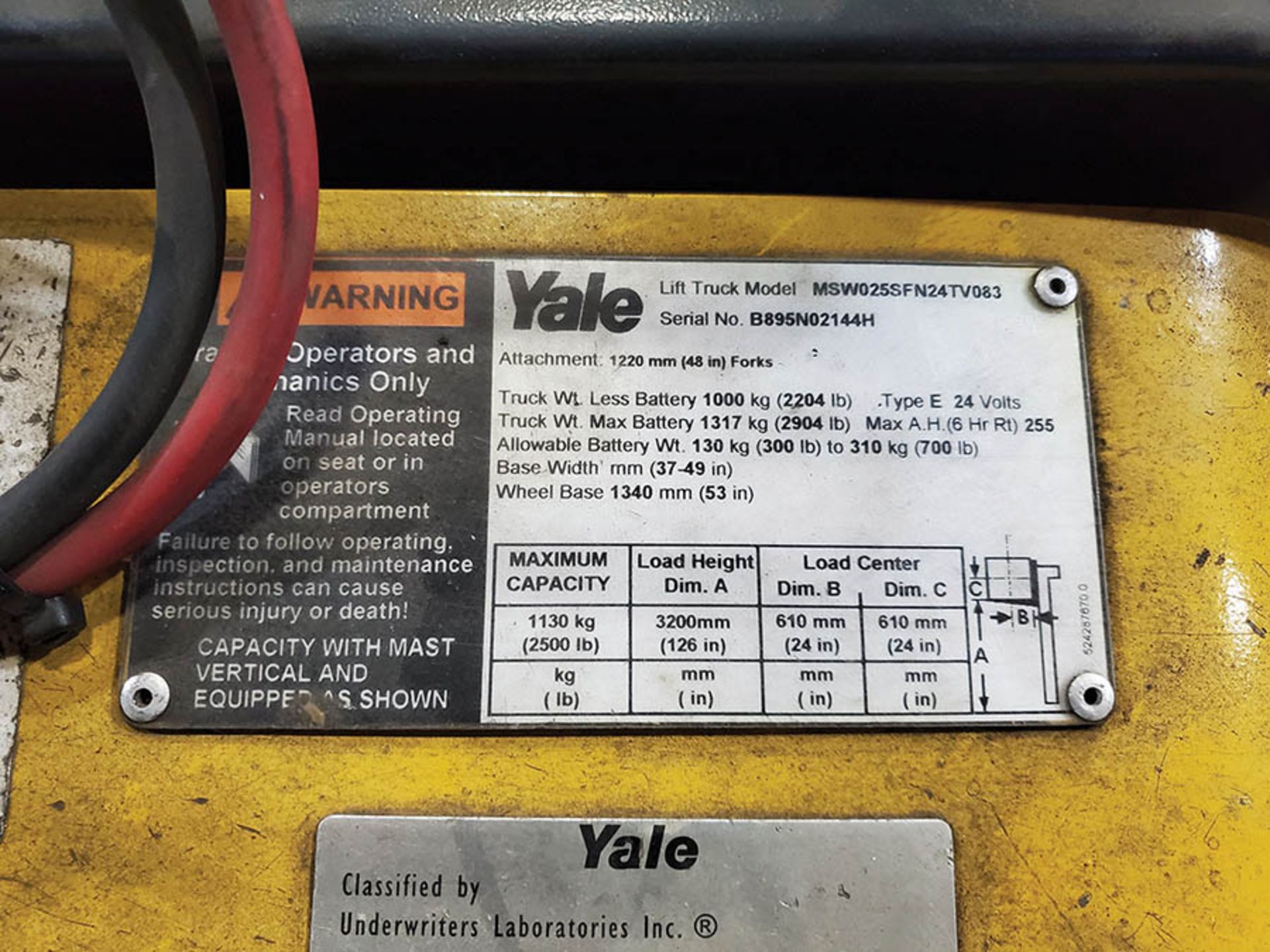 YALE 2,500 LB. ELECTRIC WALKIE STACKER, MODEL MSW025SFN24TV083, S/N B895N02244H, 24-VOLT, 126’’ LIFT - Image 9 of 9