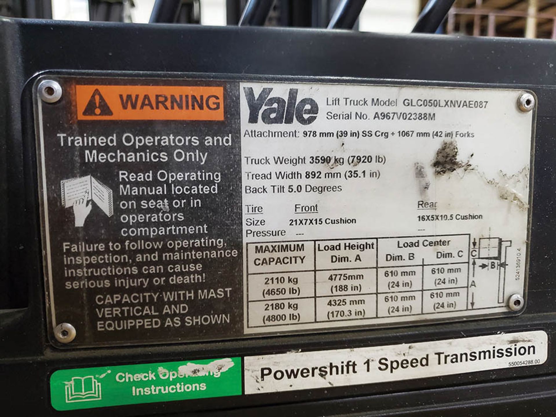 2014 YALE 5,000 LB. FORKLIFT, MODEL GLC050LXNVAE087, S/N A967V02388M, SIDESHIFT, LP, 188’’ LIFT - Image 13 of 15