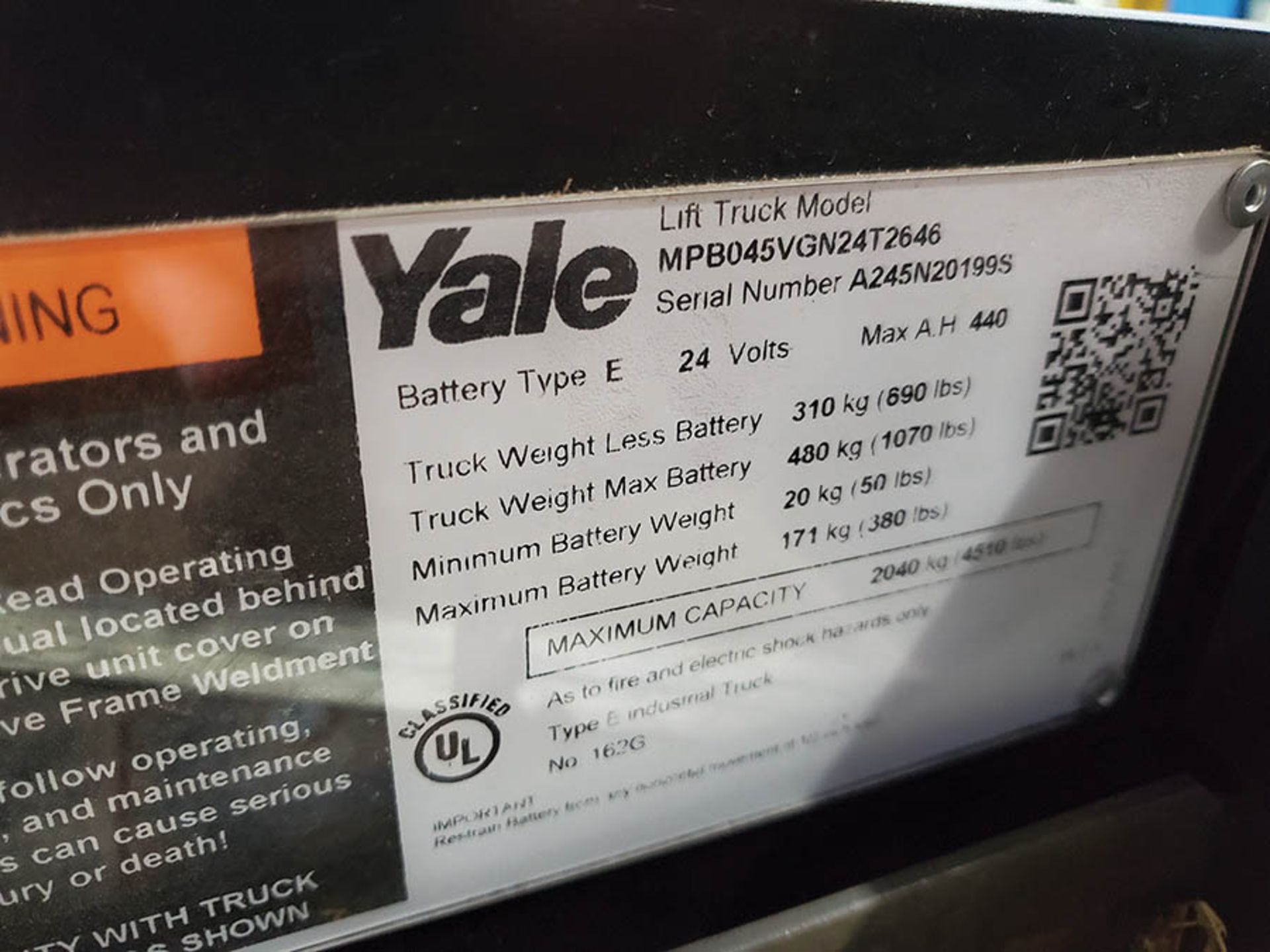 2019 YALE 4,500 LB. ELECTRIC PALLET JACK, MODEL MPB045VGN24T2646, 24-VOLT, TYPE E, 440 A.H., 46’’ - Image 10 of 10