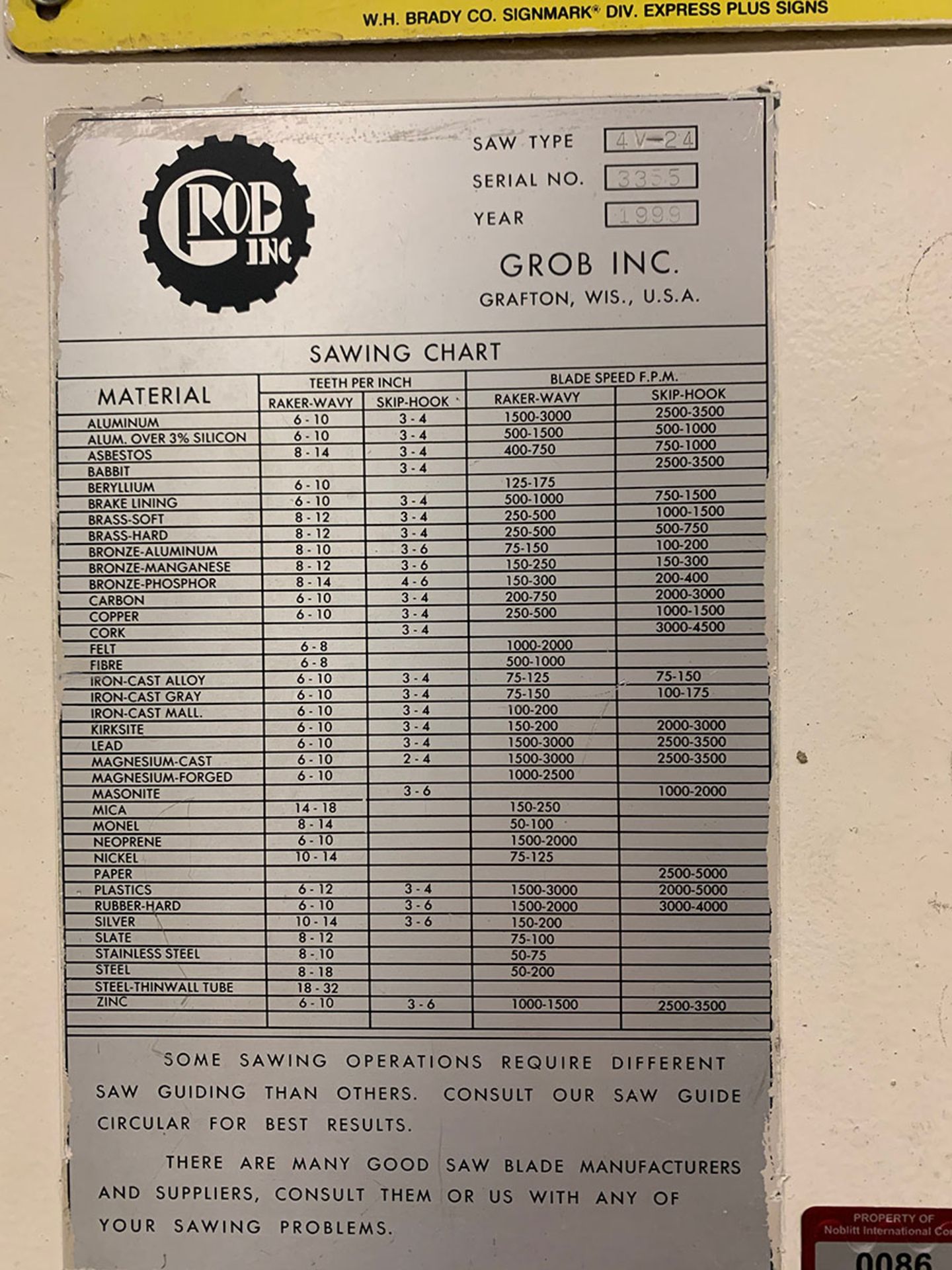 GROB VERTICAL BANDSAW; MODEL 4V-24, S/N 3355, 1999, SIDE BLADE WELDER ***LOCATED AT 4570 PROGRESS - Image 2 of 3