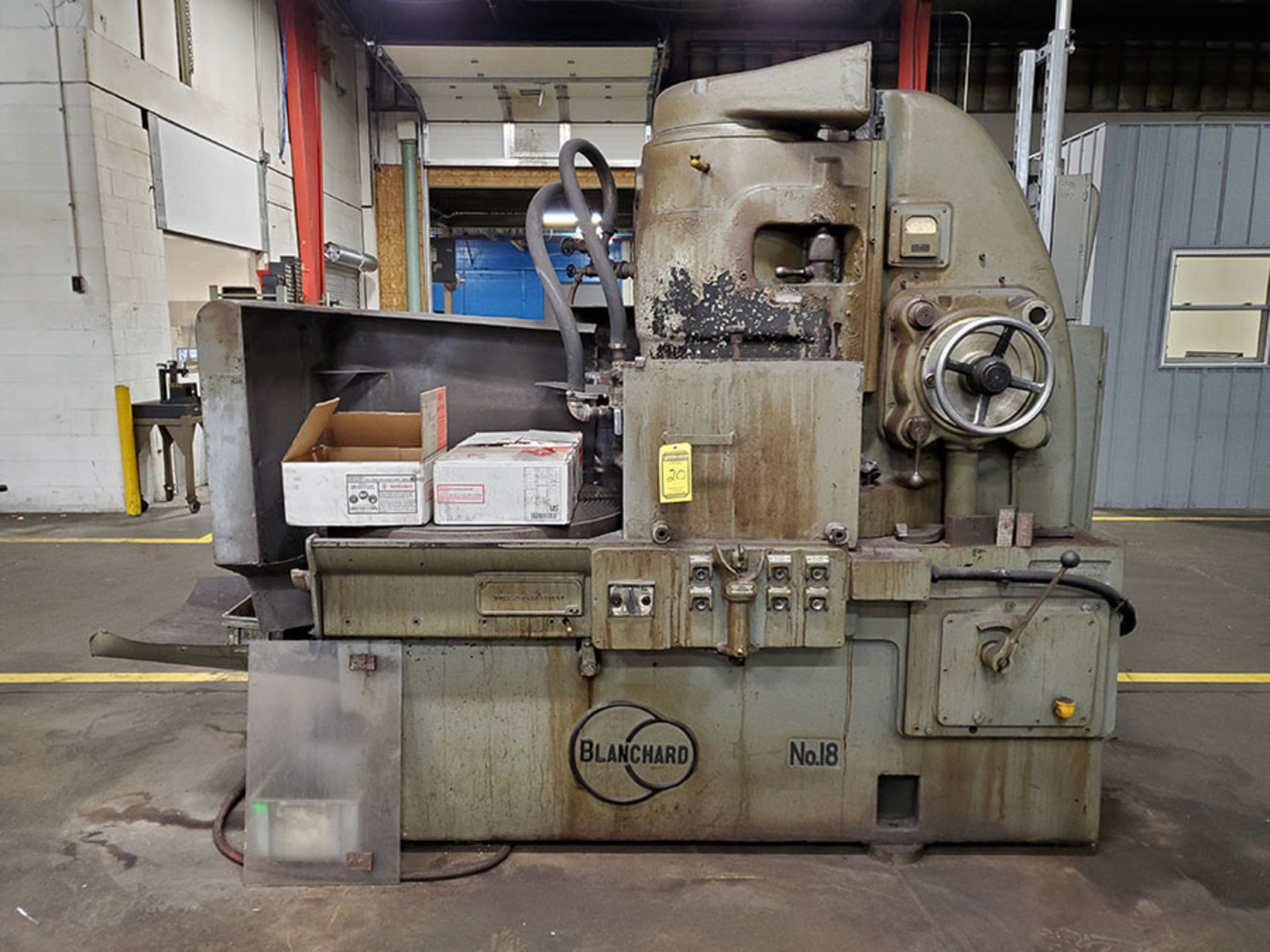 BLANCHARD NO. 18 3' HORIZONTAL ROTARY GRINDER, TABLE STOP ADJUSTMENT, (3) BOXES OF SPARE GRINDING