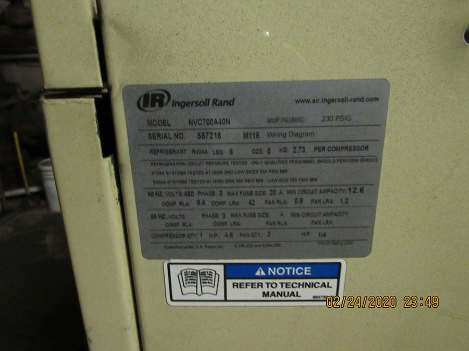 INGERSOLL RAND COMPRESSED AIR DRYER; MODEL NVC700 A40NM S/B S57218 - Image 3 of 4