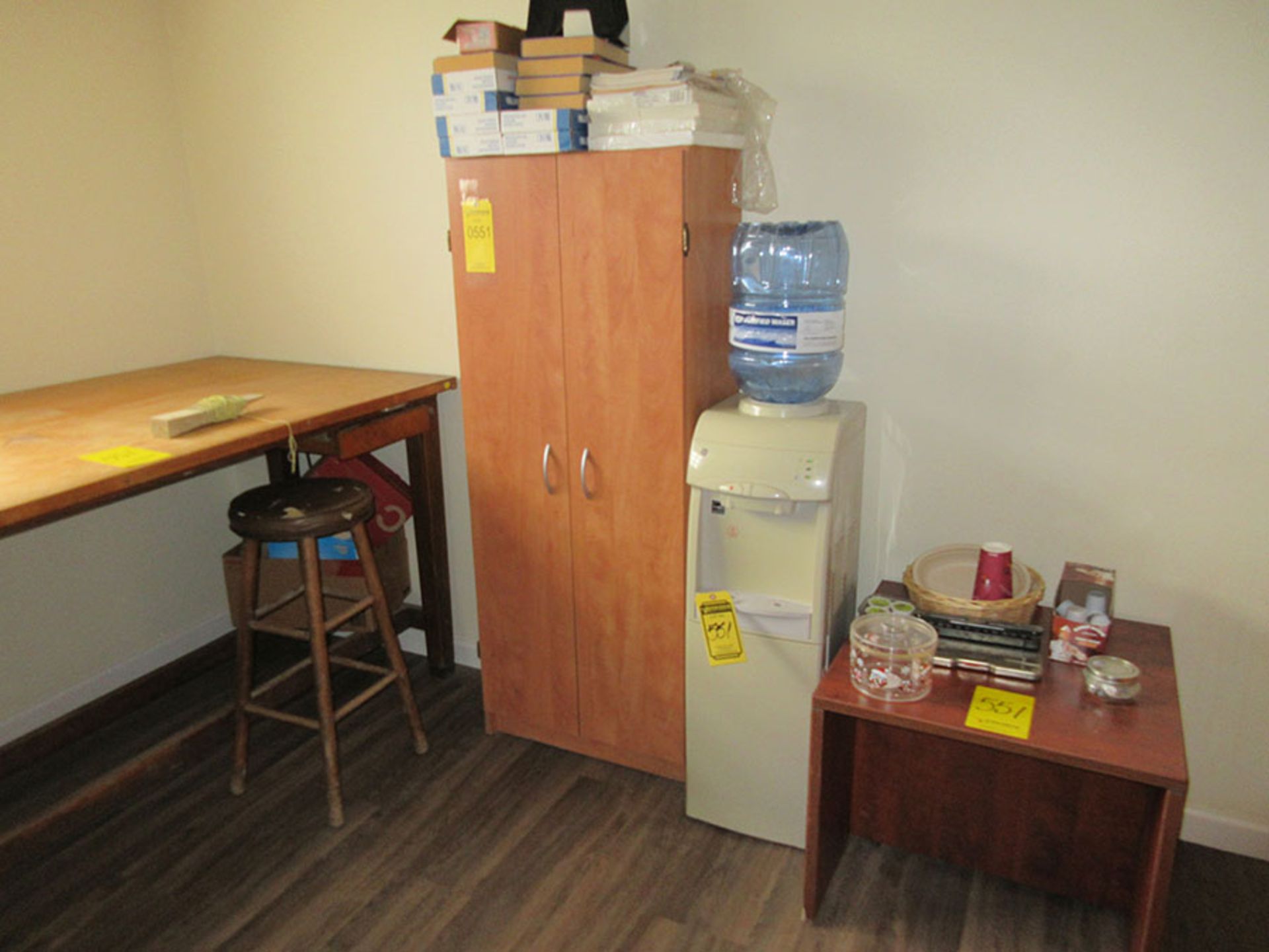 KITCHEN CONTENTS; DISHES, MICROWAVE, REFRIGERATOR, WATER DISPENSER, AND DRAWING TABLE - Image 2 of 3