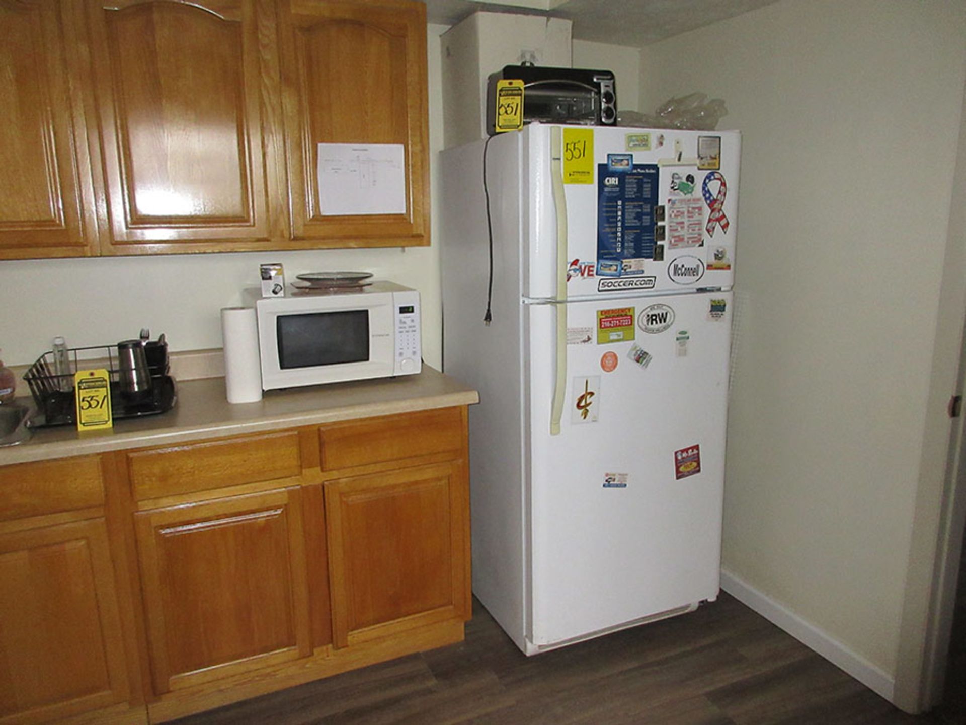 KITCHEN CONTENTS; DISHES, MICROWAVE, REFRIGERATOR, WATER DISPENSER, AND DRAWING TABLE