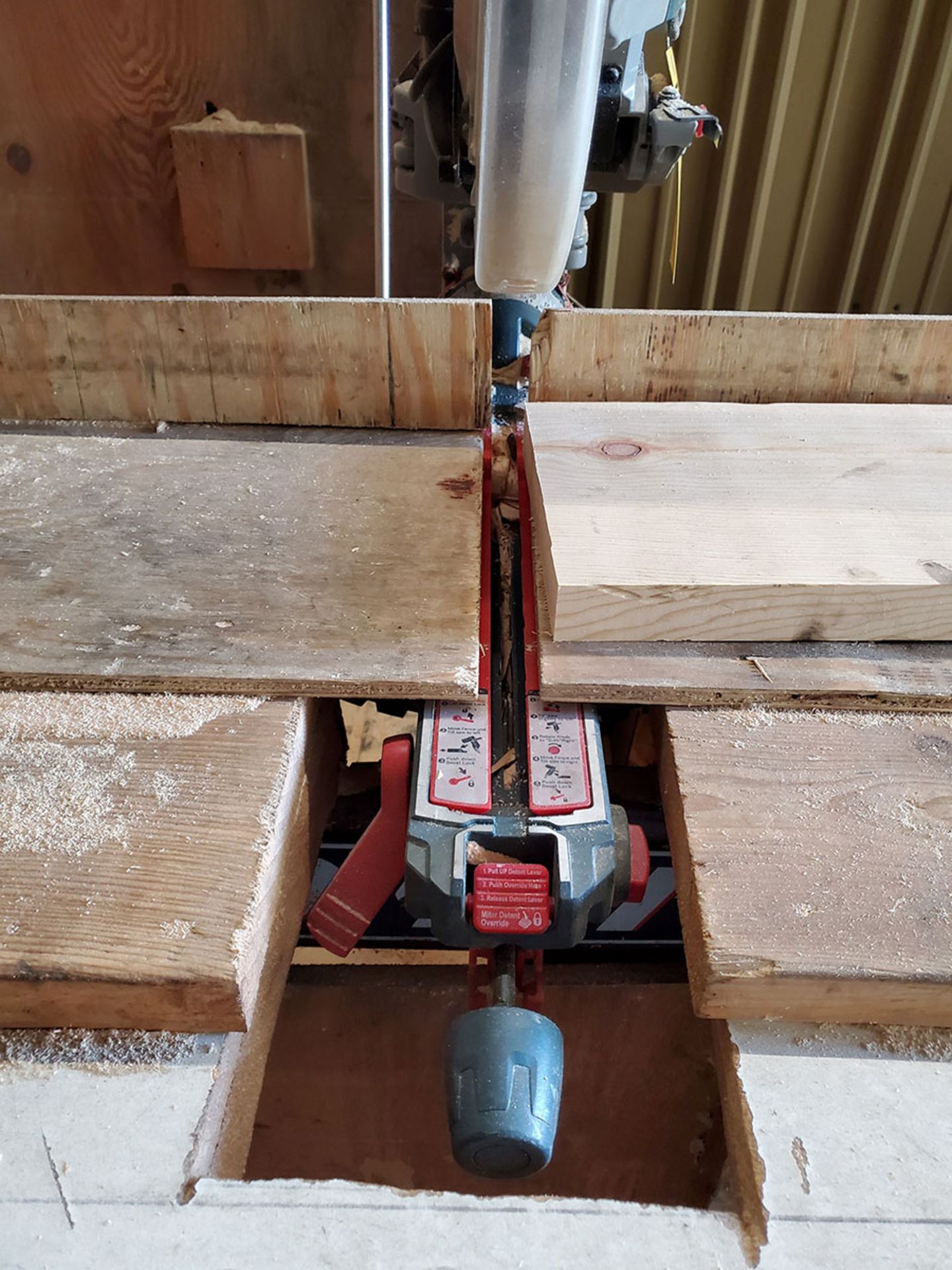 BOSCH 12’’ DUAL-BEVEL HINGE SLIDE MITER SAW ON CUSTOM WOOD WORK PLATFORM, EXTRA WIDE BASE, MODEL - Image 4 of 6