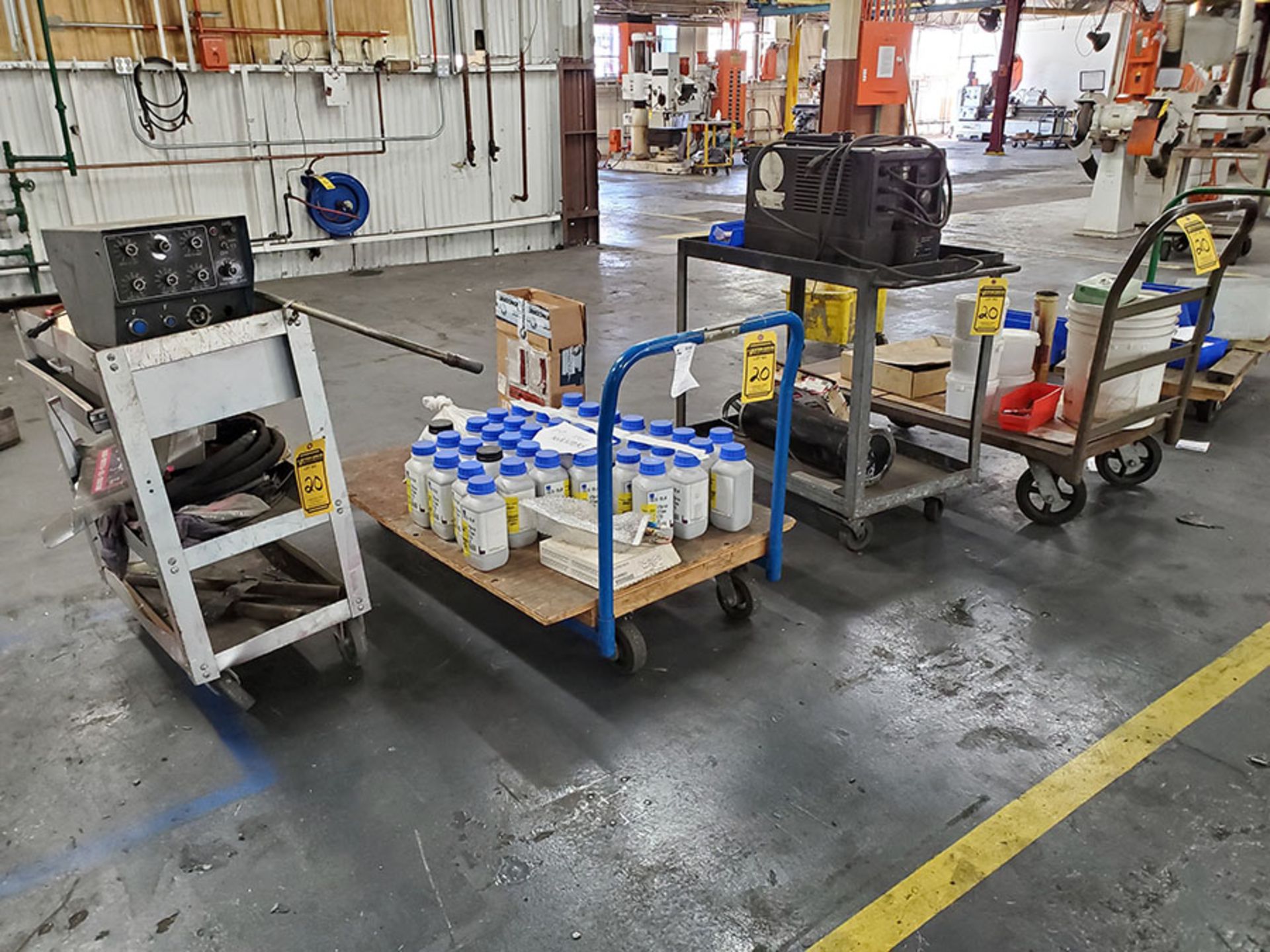 (4) CARTS WITH MILLER COOLMATE 3 CHILLER, PLASMA POWDER, POWDER FEED CONTAINER, LAPMASTER 0006,