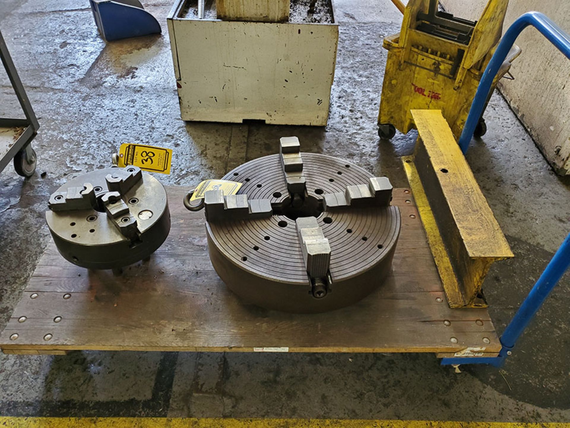 (3) CARTS WITH 21’’ 4-JAW CHUCK, 12’’ 4-JAW CHUCK, LIVE CENTER, TOOL HOLDER, COLLETS CHUCK RING,