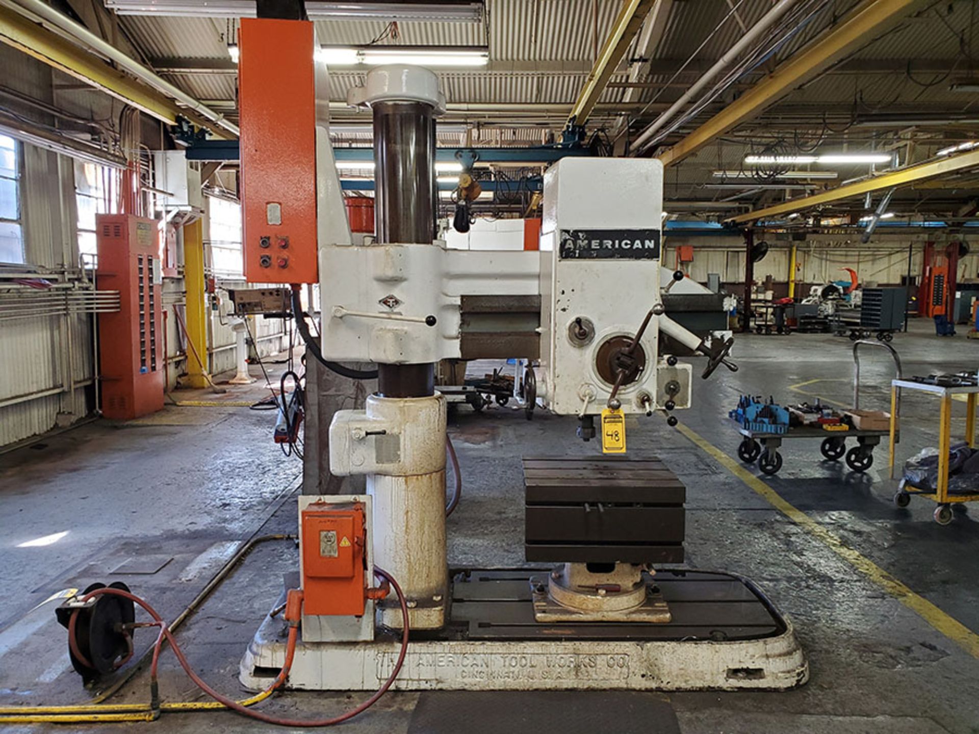 AMERICAN RADIAL ARM DRILL, 8’’ COLUMN, 4' ARM, 45-2,250 RPM, FRICTION ADJUSTMENT, 20’’ X 24’’ X 12’’