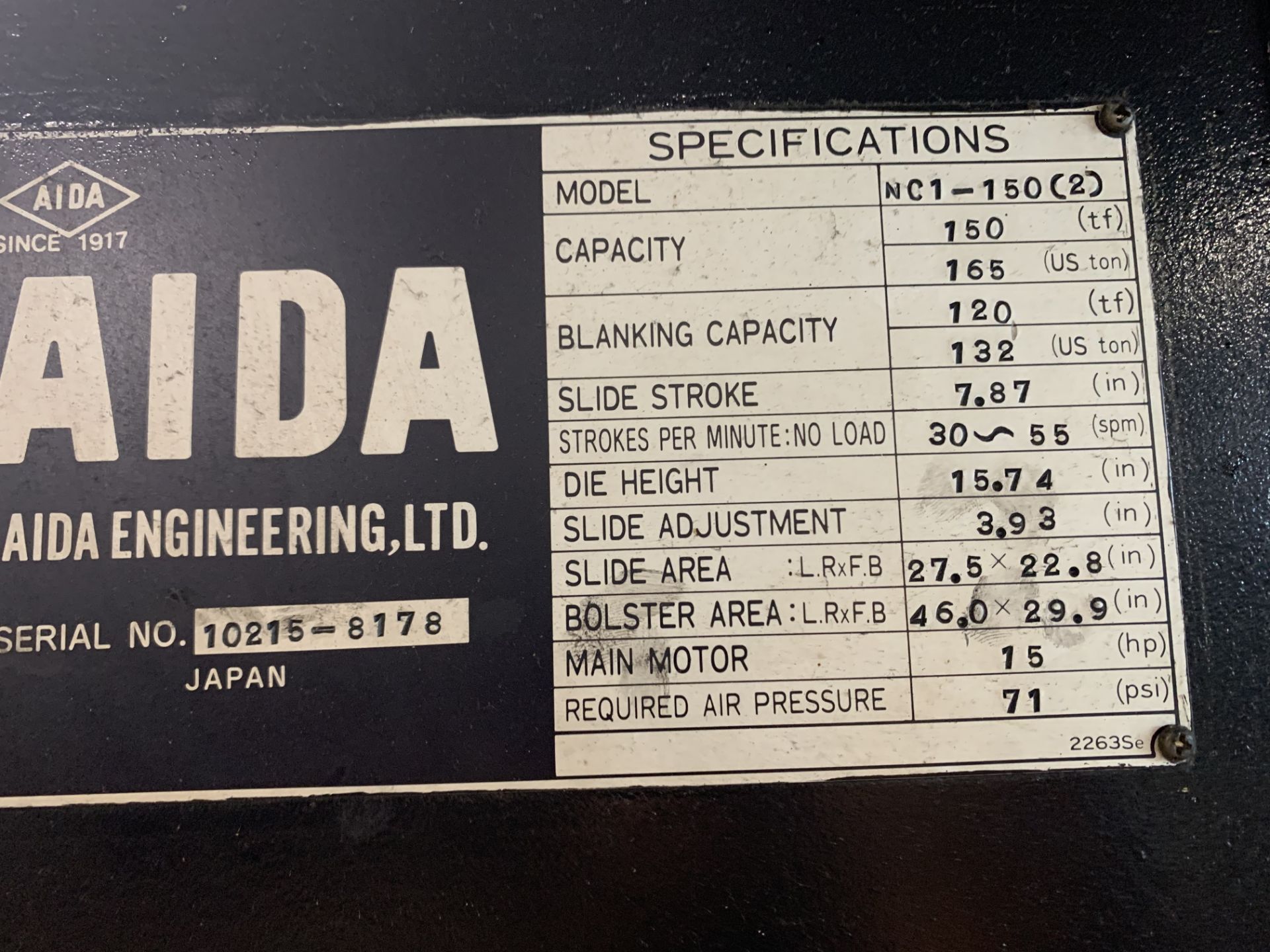 AIDA 165-TON OBI PRESS; MODEL NC1-150(2), 7.87'' STROKE, 15.74'' DIE HEIGHT, 3.93'' SLIDE - Image 6 of 6
