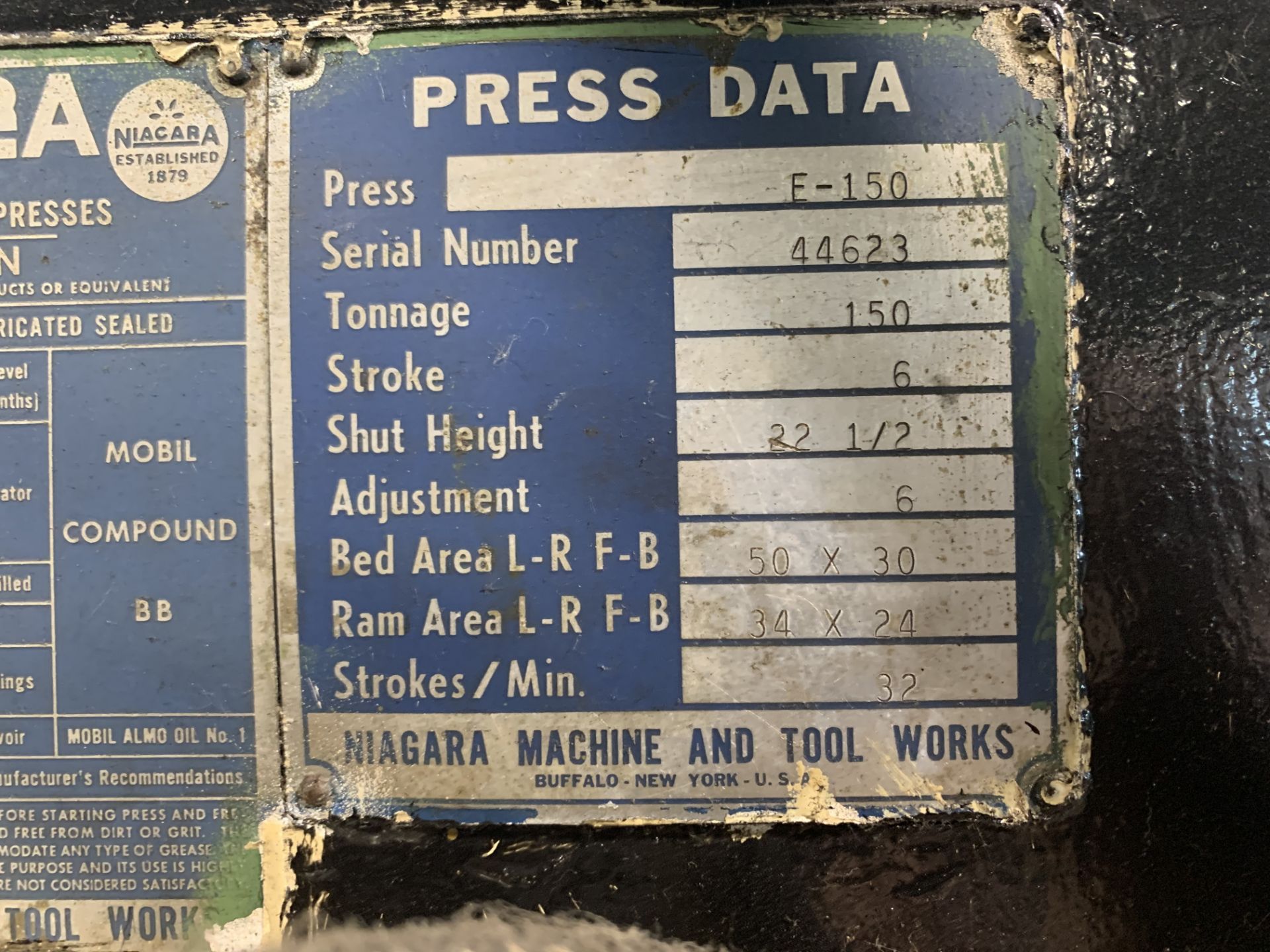 NIAGARA 150-TON OBI PRESS; MODEL F-150, S/N 44623, 6'' STROKE, 22 1/2'' SHUT HEIGHT, 6'' ADJUSTMENT, - Image 4 of 4