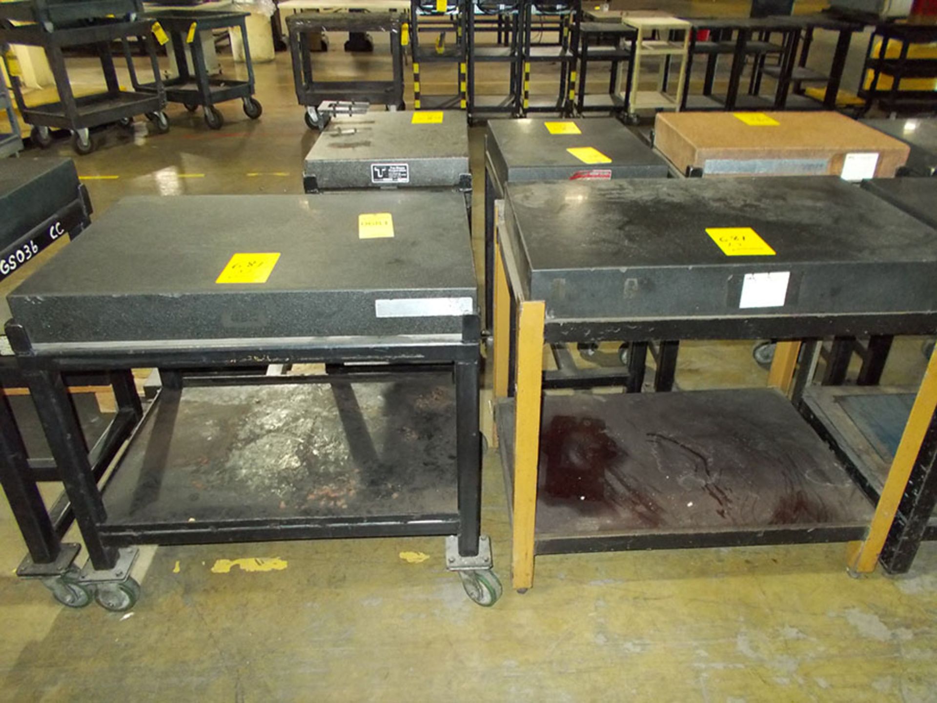 (2) 3' X 2' GRANITE FLAT SURFACE BLOCKS ON (1) ROLLING CABINET & TABLE