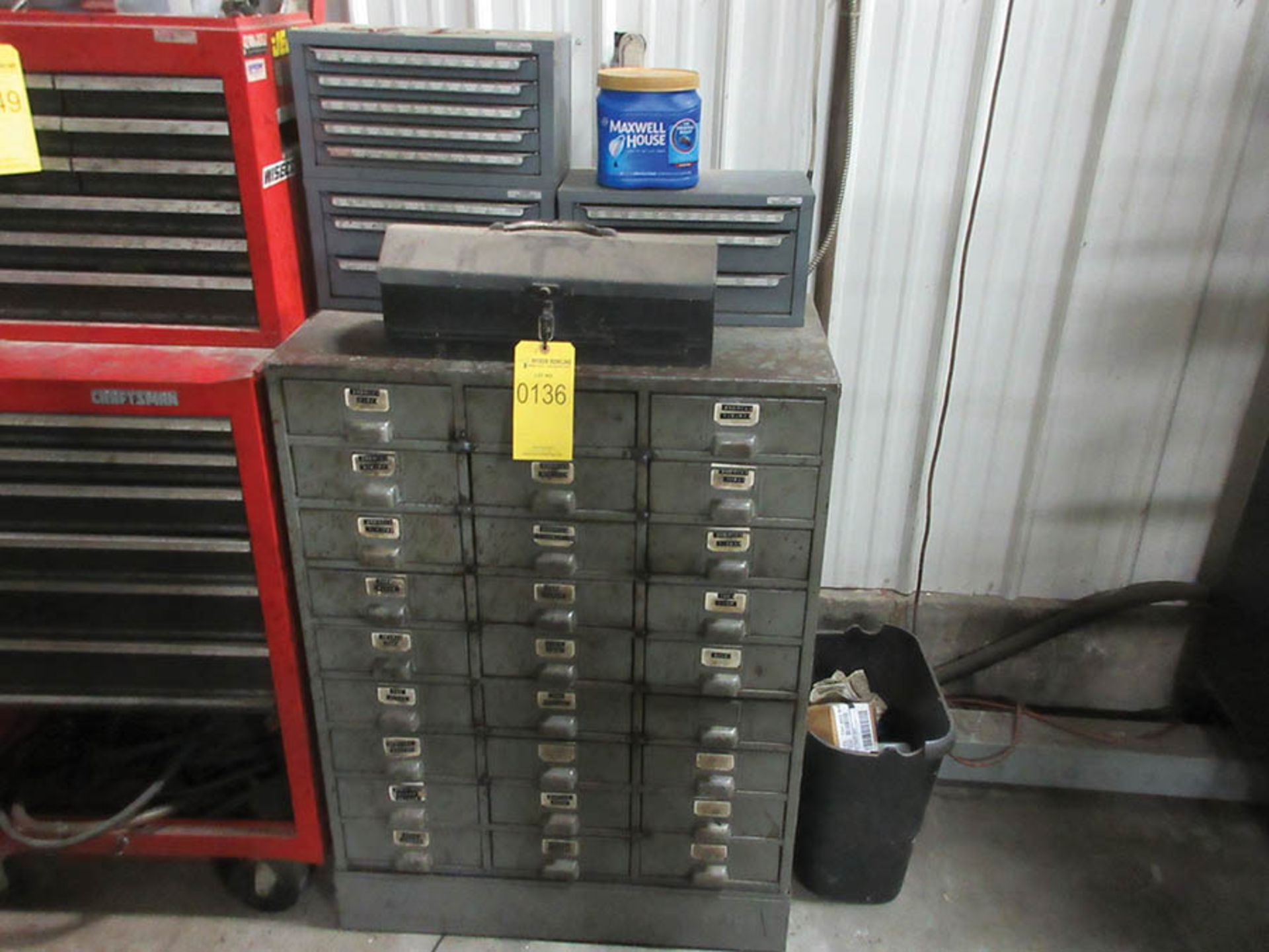 PARTS BIN, (3) HUOT DRILL INDEXES W/ DRILLS AND TAPS, END MILLS, H.S.S., SPECIAL CUTTERS, SAWS,