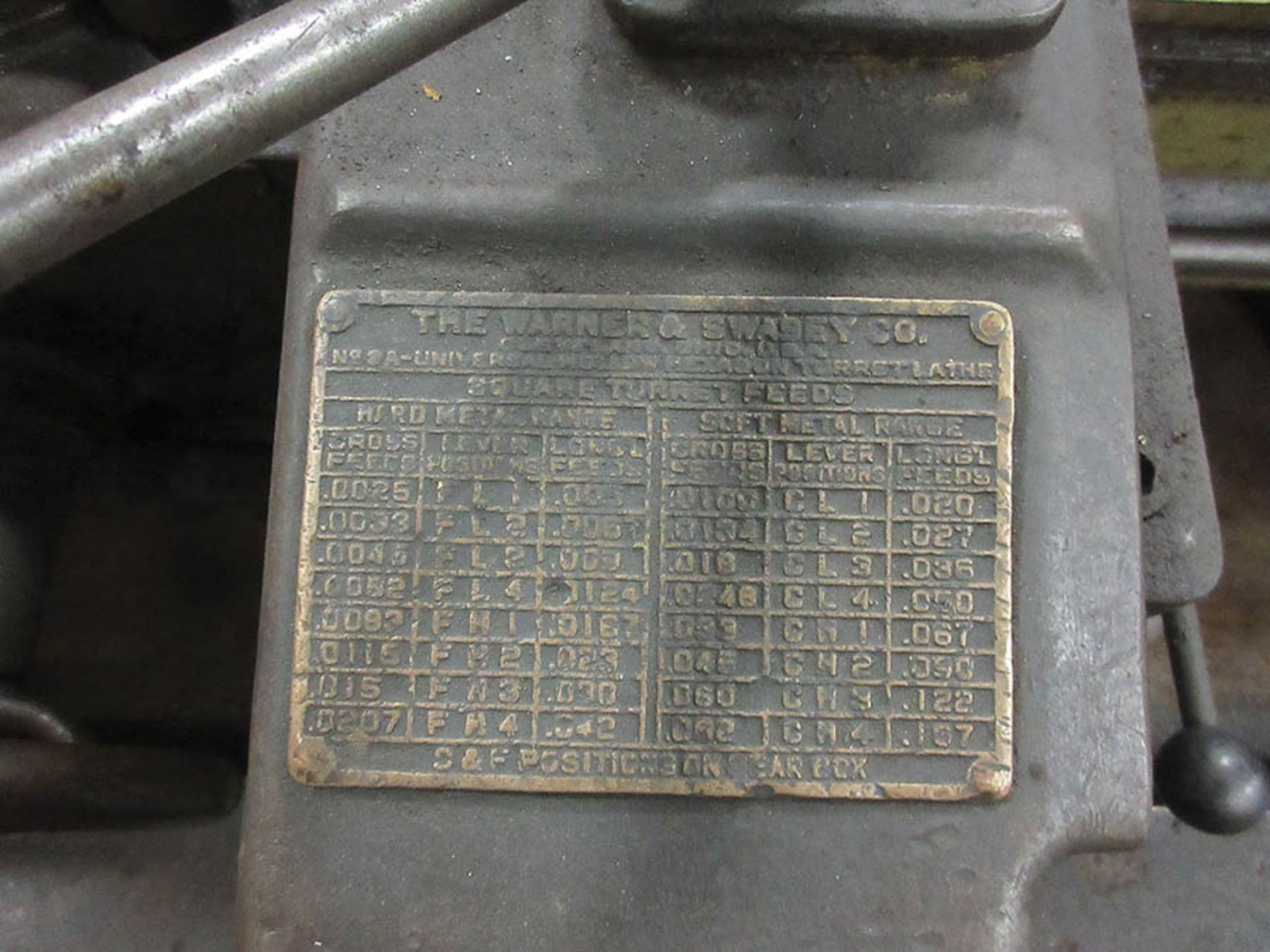 WARNER & SWASEY 3A TURRET LATHE, MODEL M-1950, S/N 713894-W, 4 1/2'', 6'' BAR CAPACITY, 23 1/2'' - Image 5 of 5