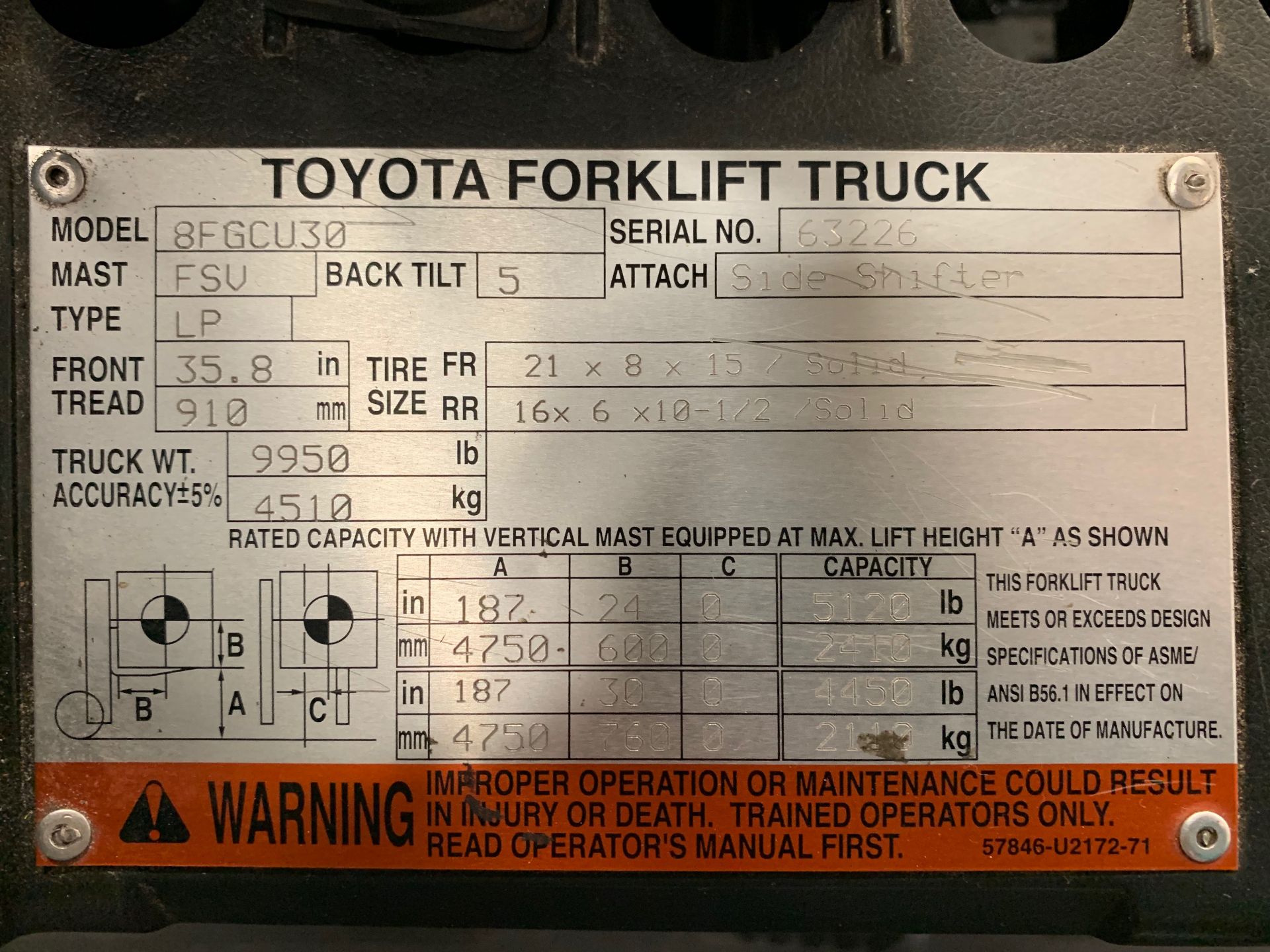 *LOCATED OHIO* 2015 TOYOTA 6,000-LB CAP. FORKLIFT, MOD: 8FGCU30, LP, SOLID TIRES, 3-STAGE, 9,938 HRS - Image 8 of 9