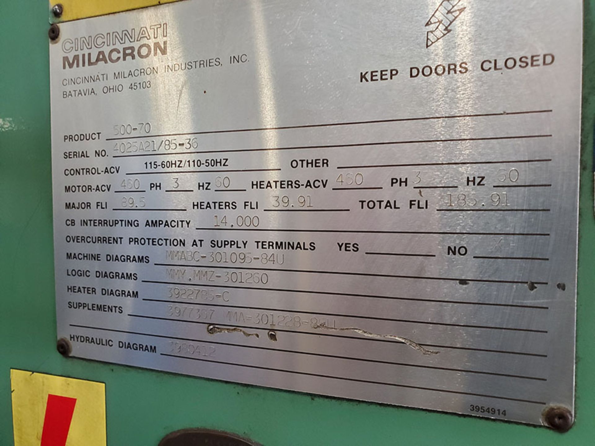 CINCINNATI MILACRON PLASTIC INJECTION MOLDING MACHINE; 500-TON, MODEL 500-70, S/N 4025A21/85-38, - Image 18 of 25