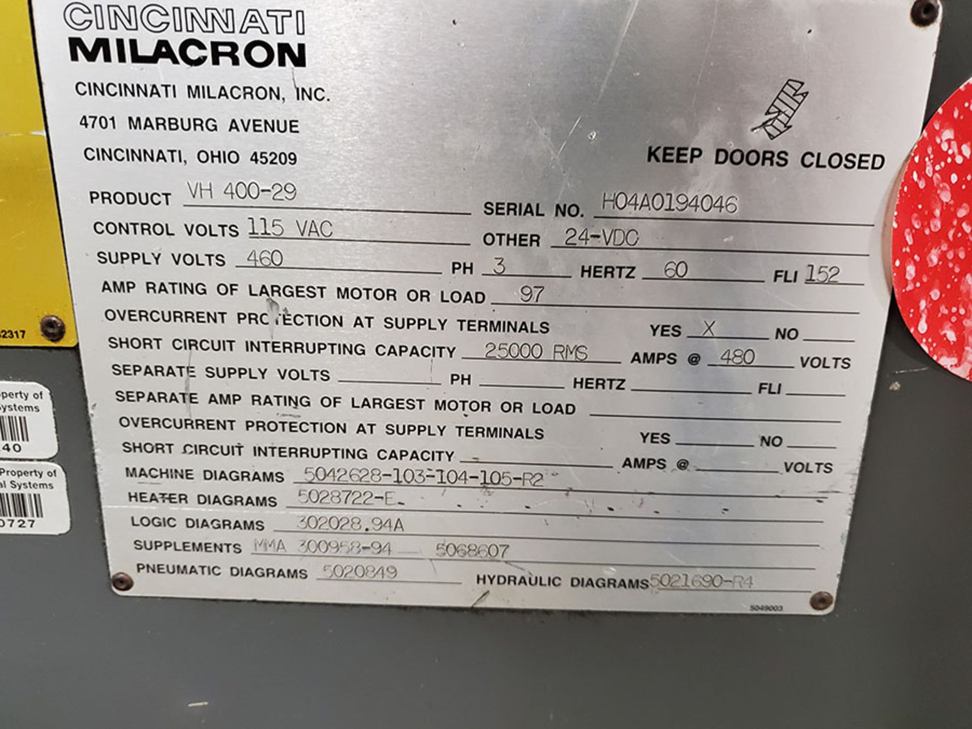 1994 CINCINNATI MILACRON 400-TON PLASTIC INJECTION MOLDING MACHINE; MODEL VH-400-29, S/N - Image 6 of 18