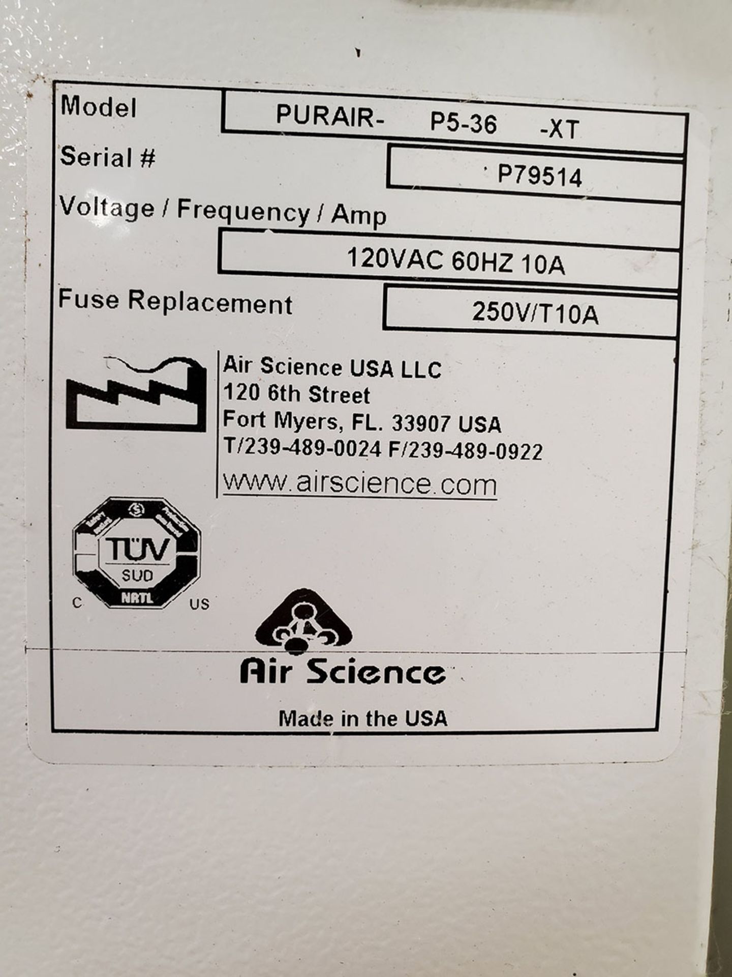 AIR SCIENCE PUR-AIR DUCTLESS FUME HOOD; MODEL P5-38XT, S/N P79514 - Image 5 of 5