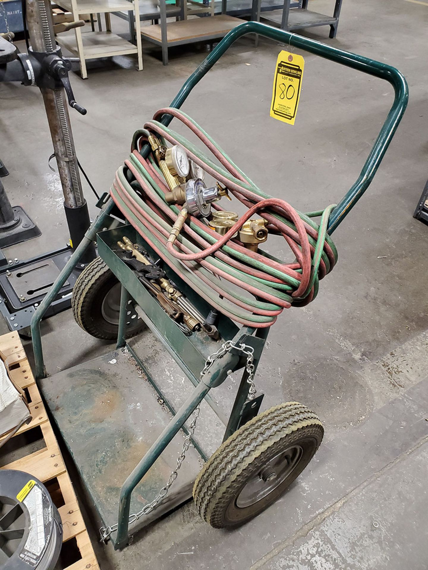 SKID OF ASSORTED WELDING SUPPLIES; WIRE, GLOVES, PLUG, BLANKET TIPS, ACETYLENE 2-CYLINDER CART - Image 9 of 14