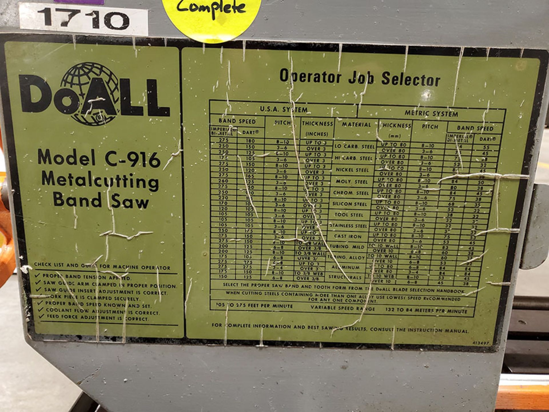 DO-ALL MODEL C-916 BANDSAW METAL CUTTING; MODEL C-915, S/N 438-882018, 3-PHASE, 3.0 NORMAL AMPS, - Image 3 of 9