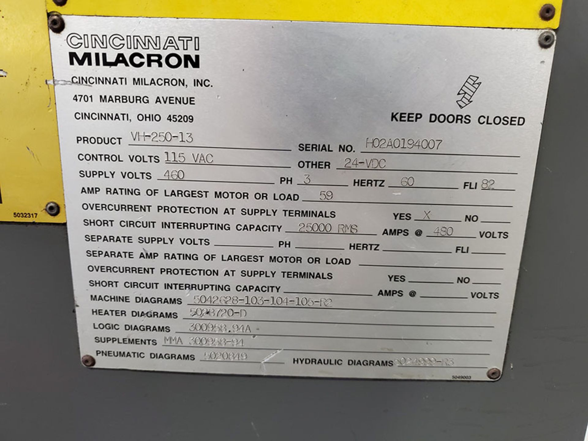 1994 CINCINNATI MILACRON 250-TON PLASTIC INJECTION MOLDING MACHINE; MODEL VH-250-13, S/N - Image 12 of 14