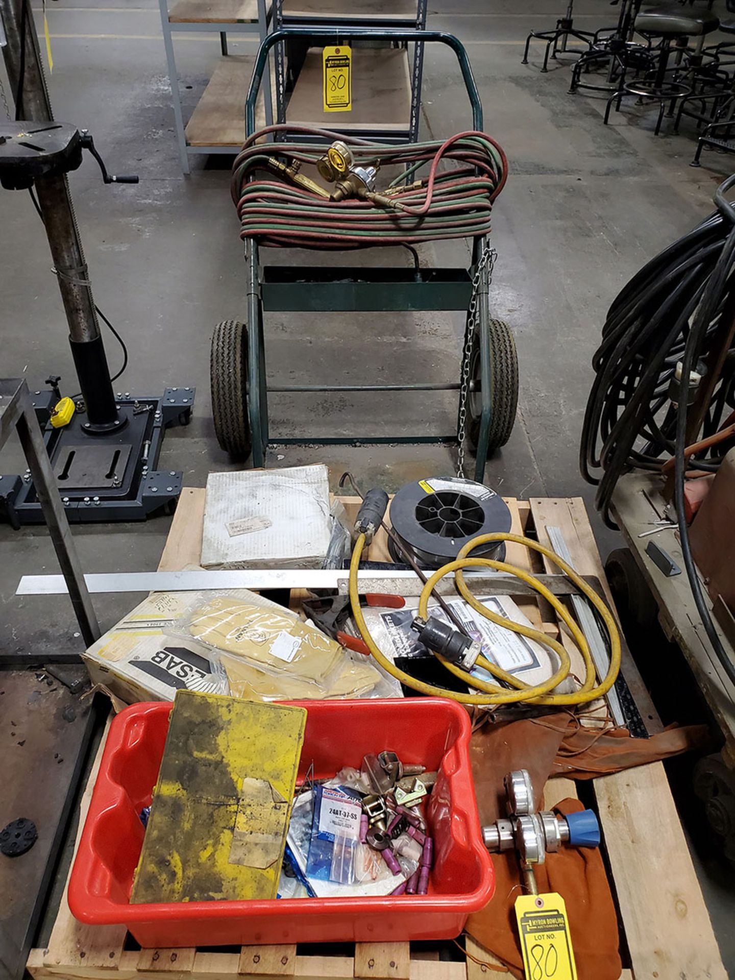 SKID OF ASSORTED WELDING SUPPLIES; WIRE, GLOVES, PLUG, BLANKET TIPS, ACETYLENE 2-CYLINDER CART