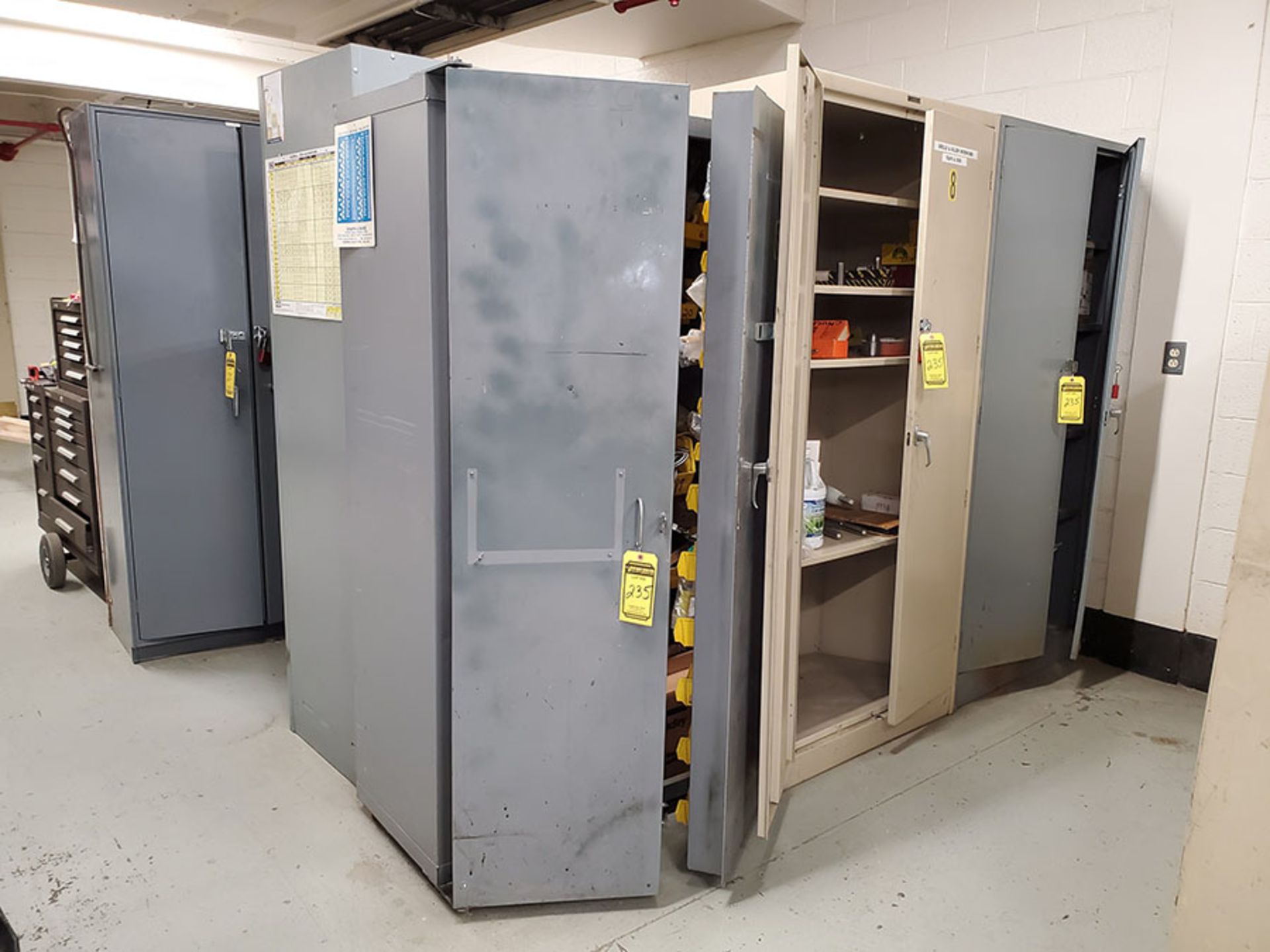 (14) DOUBLE DOOR LIGHT CABINETS & (2) FILING CABINETS WITH CONTENTS; ELECTRICAL, HARDWARE,