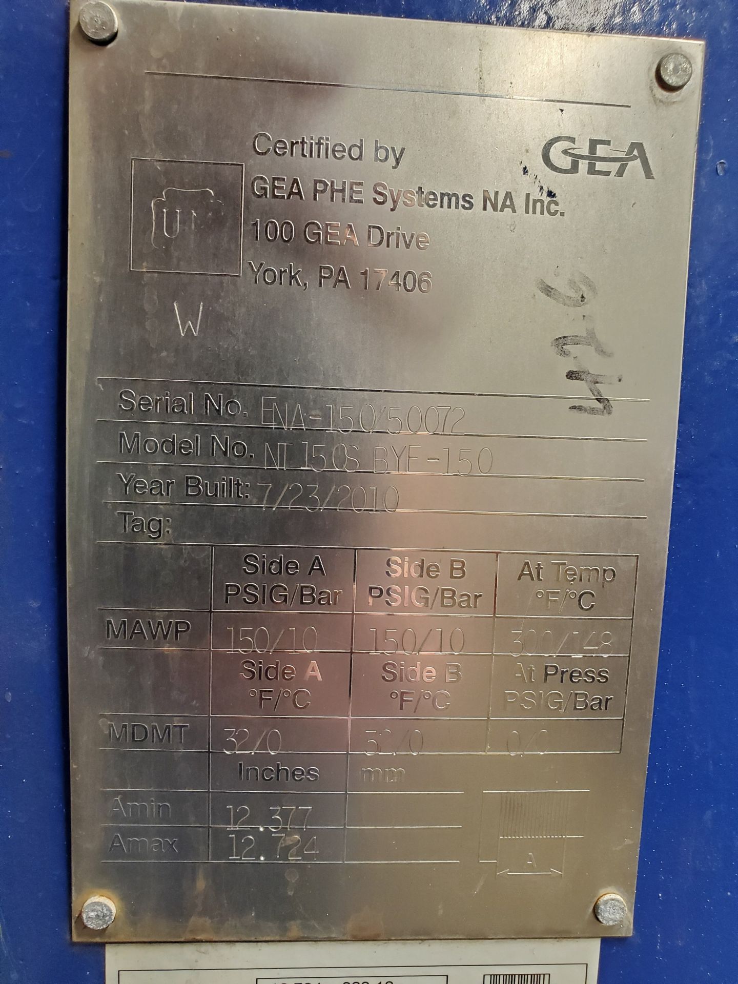 GEA SYSTEMS INC. HEAT EXCHANGER (2010), MODEL NT150SBYF-150, S/N ENA-150/50072 - Image 4 of 5