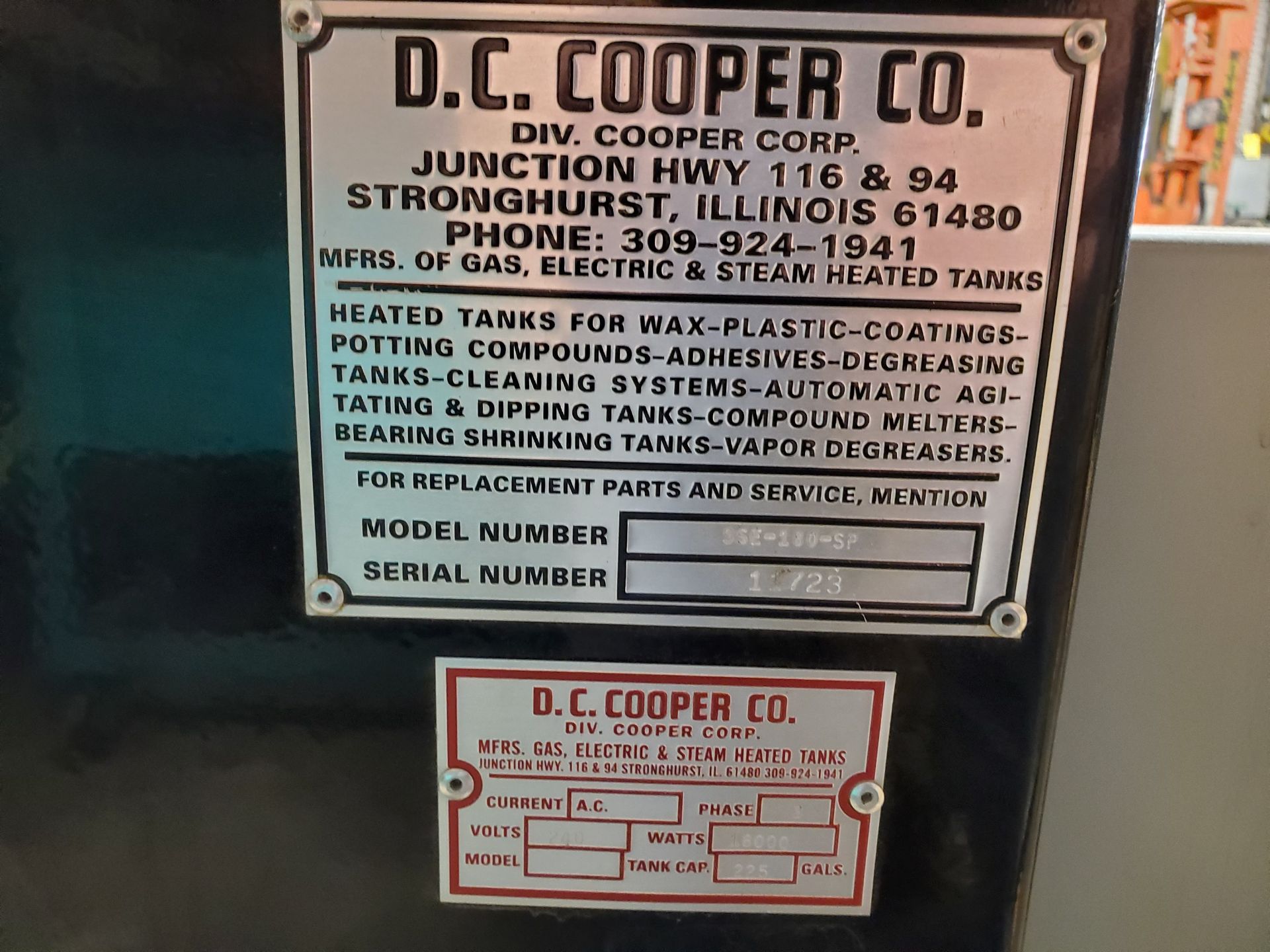 D.C. COOPER ELECTRIC HOT TANK 33'' D. X 42 1/2'' W. X 54'' L, MODEL SSE-180-SP, 225-GALLON, 240 - Image 3 of 9