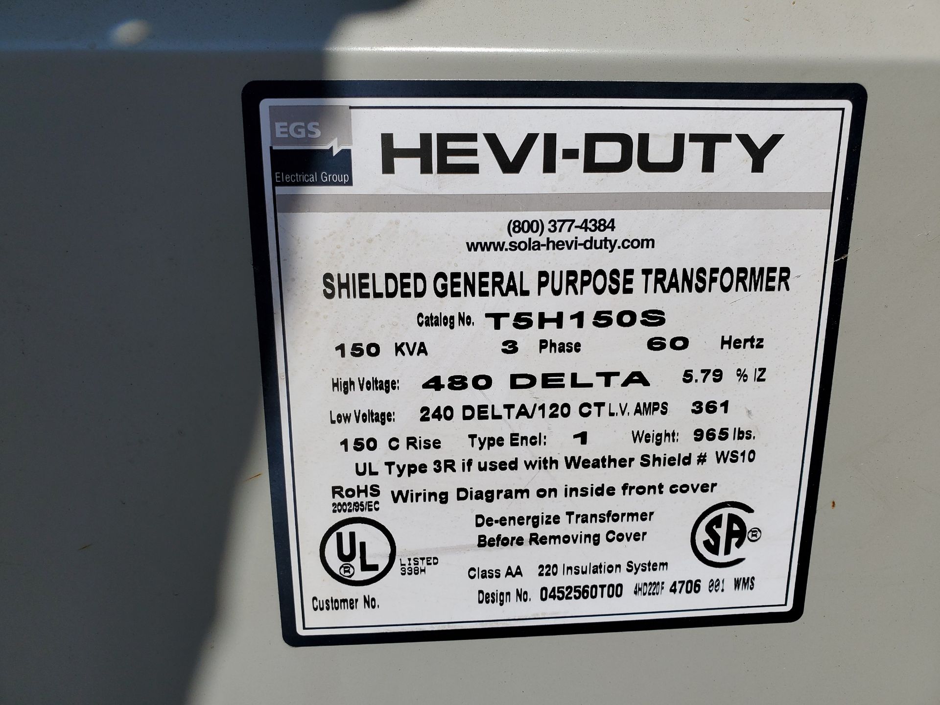 EGS TRANSFORMER 150 KVA, 240 V. / 120 V. L.R., 480 V H.R., CAT #T5H150S - Image 3 of 5