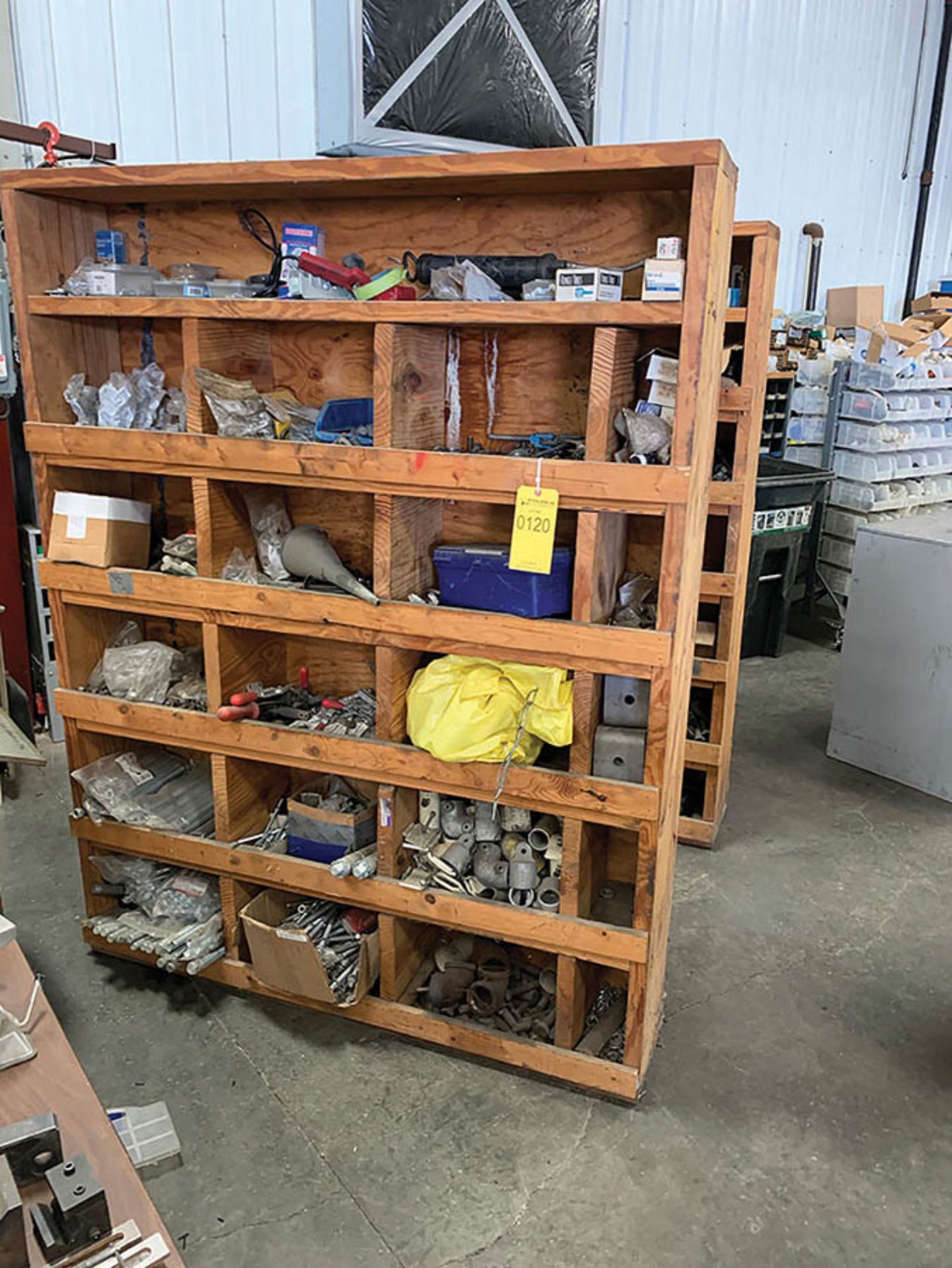 ASSORTED SHELVING AND CONTENTS OF FASTENERS, AIR FITTINGS, BEARINGS, AND PARTS