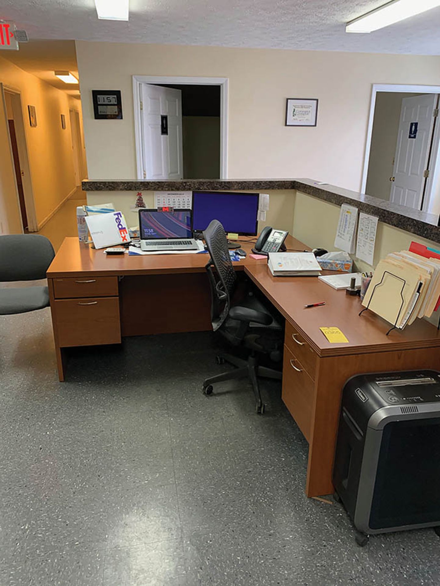 CONTENTS OF SECRETARY'S STATION, INCLUDING FELLOWS PAPER SHREDDER, DESK