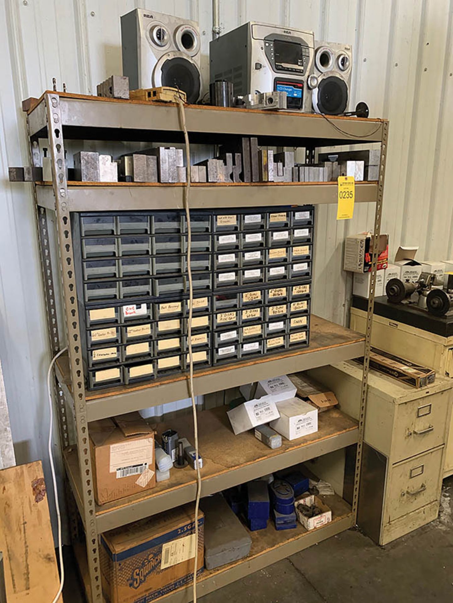 SHELF OF ASSORTED TOOL TABLE ACCESSORIES