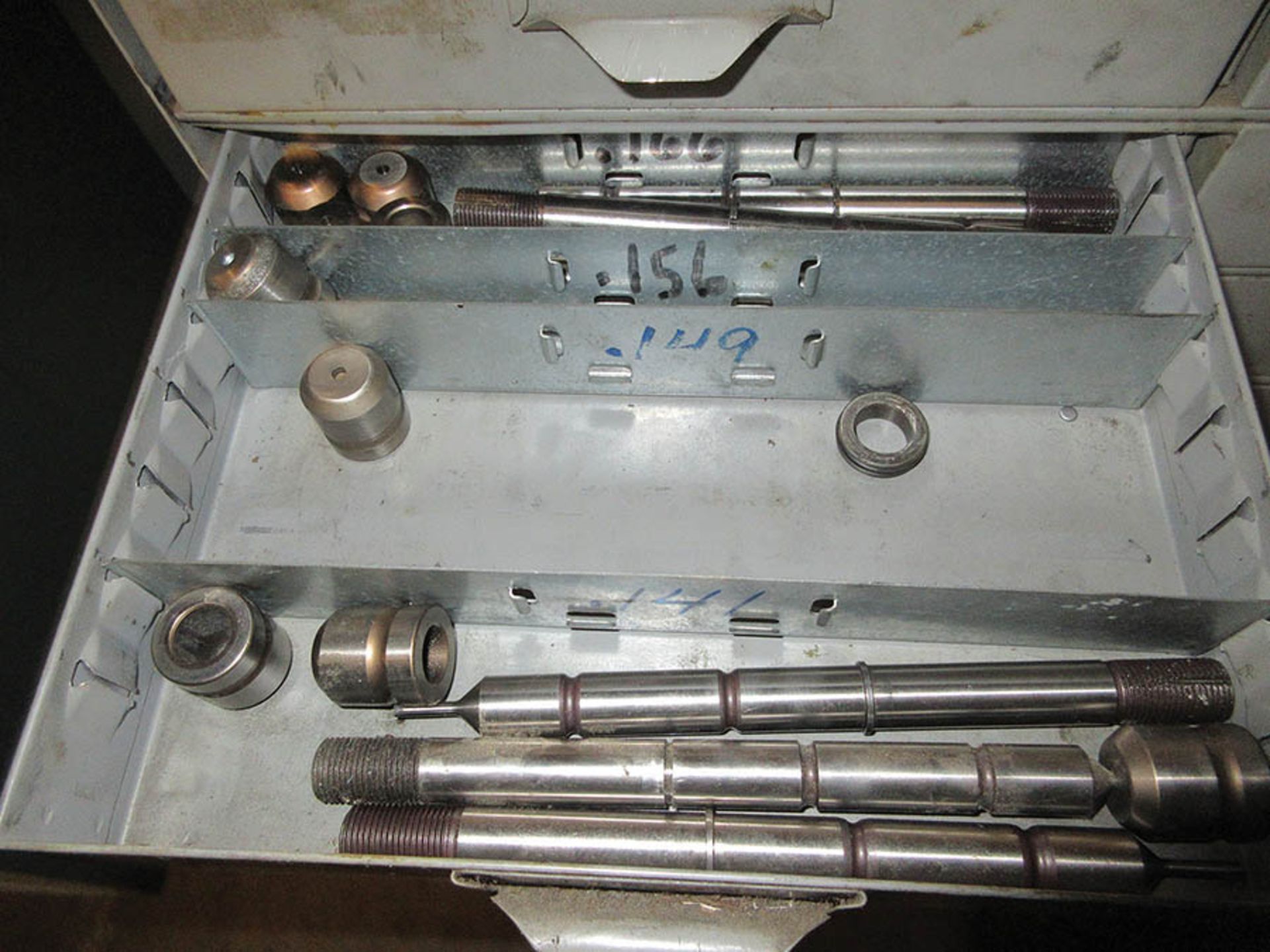 (2) TABLES AND SMALL PARTS BIN W/ TURRET PUNCH TOOLING - Image 2 of 4