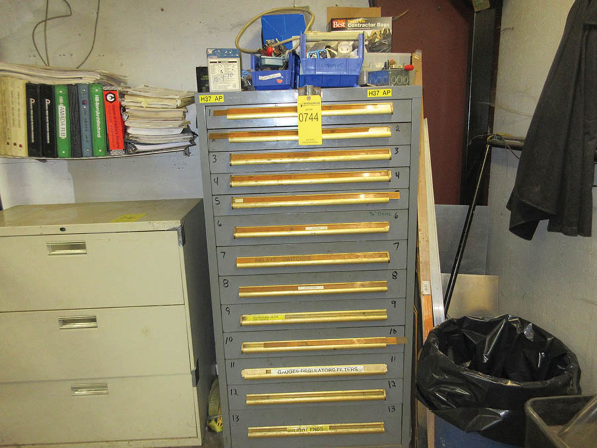 EQUIPTO 13-DRAWER CABINET W/ CONTENTS OF RELAYS, SWITCHES, CONNECTORS, AIR FITTINGS & MORE