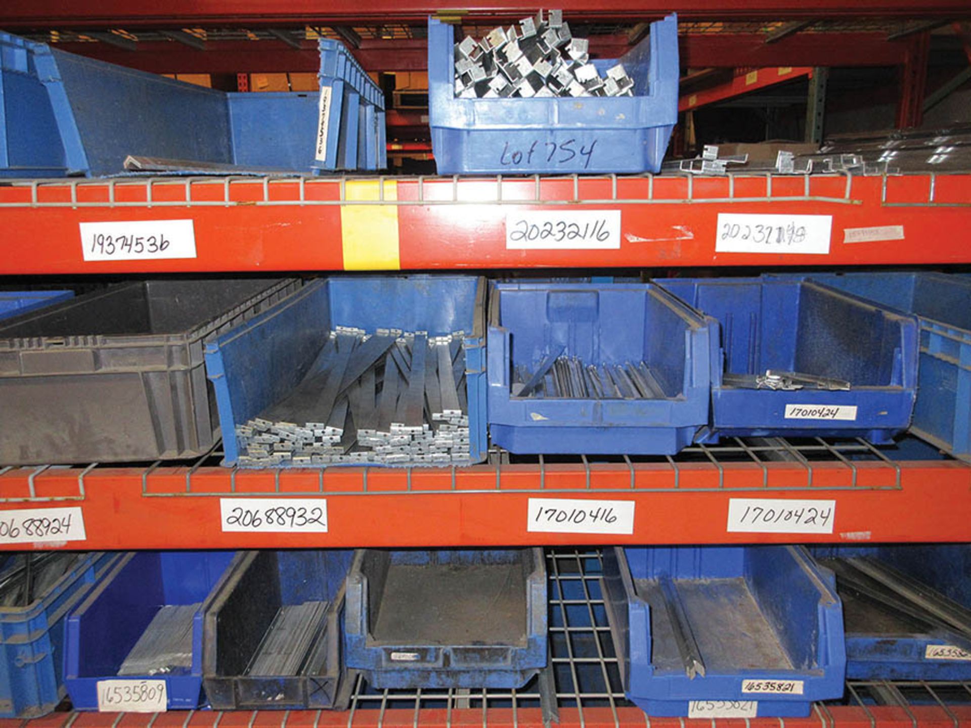 CONTENTS OF (19) SECTIONS OF PALLET RACK: CARDBOARD BOXES, PRODUCTION PARTS, AKRO BINS, FRAME - Image 10 of 11