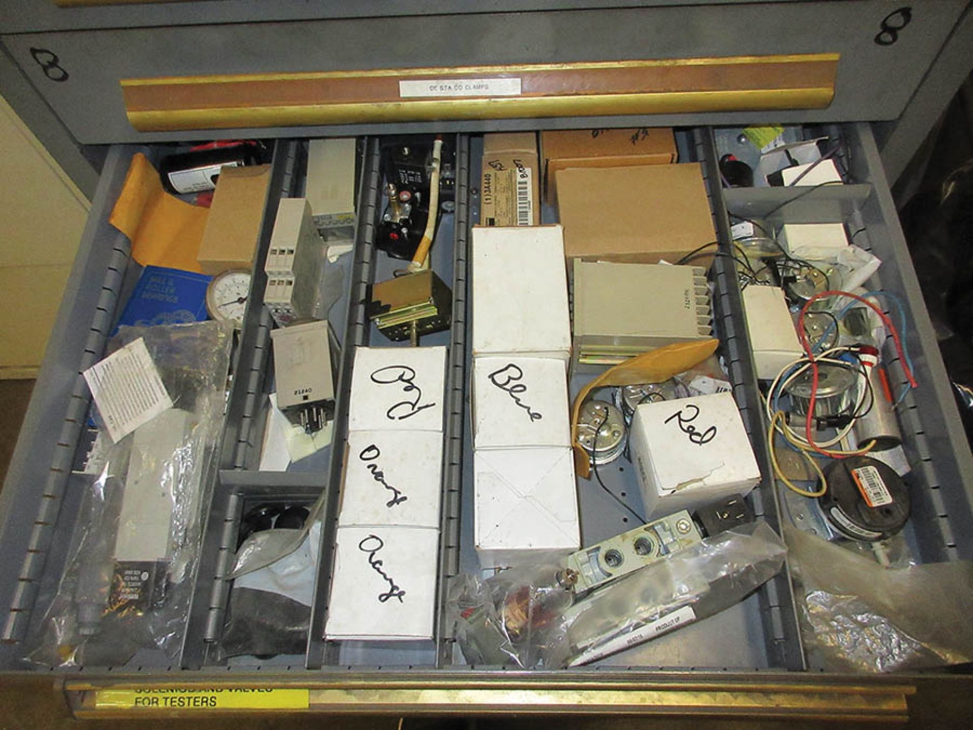 EQUIPTO 13-DRAWER CABINET W/ CONTENTS OF RELAYS, SWITCHES, CONNECTORS, AIR FITTINGS & MORE - Image 5 of 5