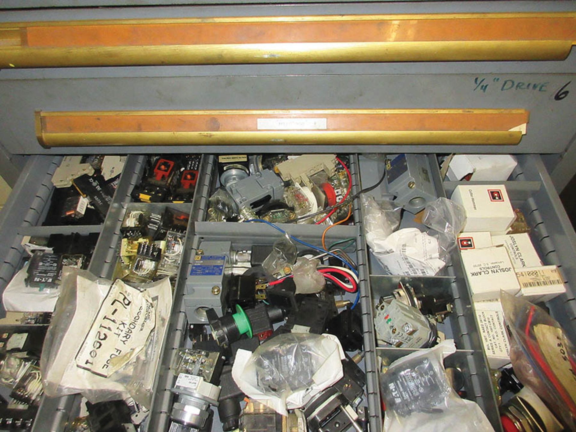 EQUIPTO 13-DRAWER CABINET W/ CONTENTS OF RELAYS, SWITCHES, CONNECTORS, AIR FITTINGS & MORE - Image 2 of 5