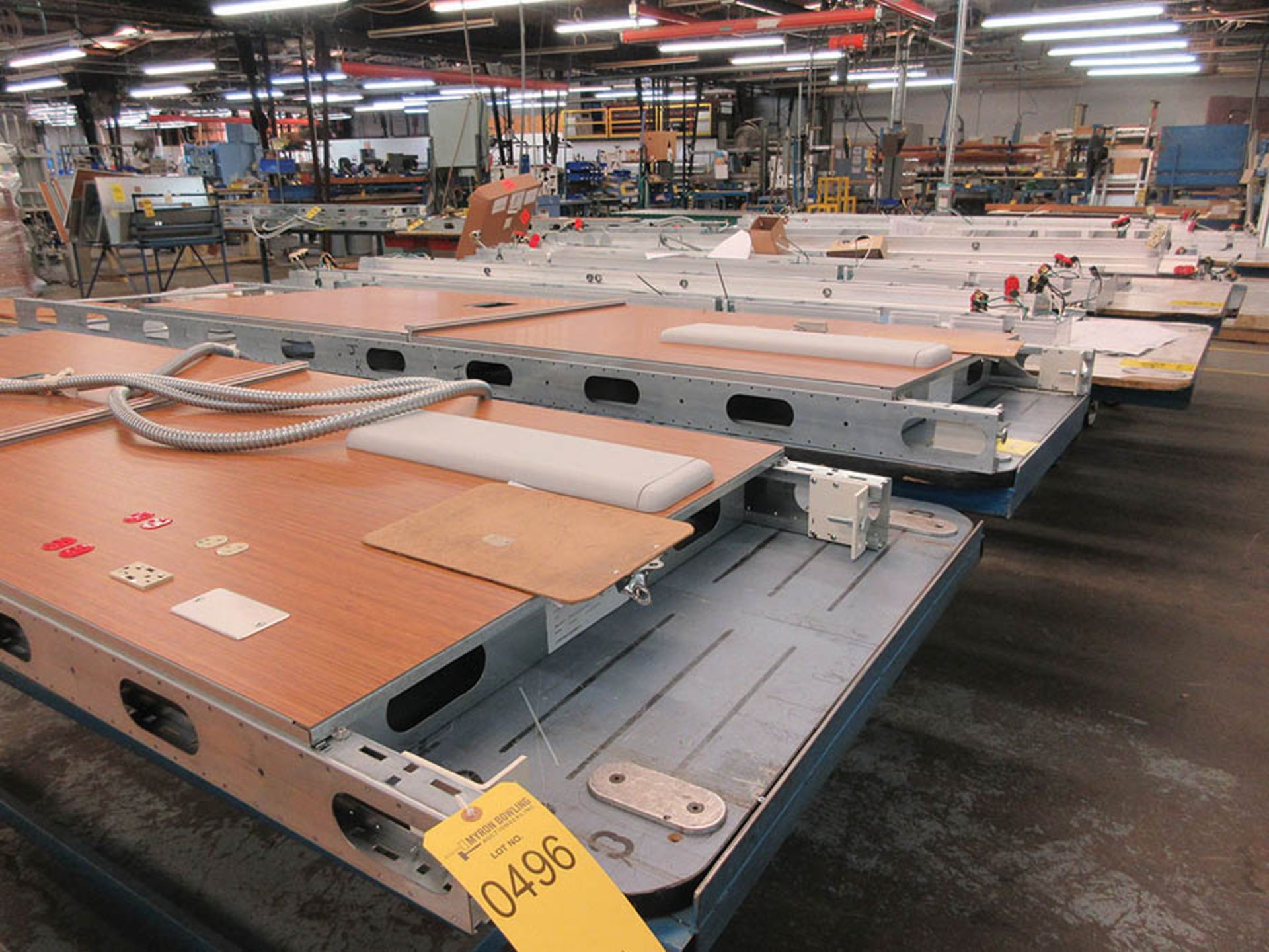 (7) LAYOUT TABLES, CARTS, PALLETS W/ CONTENTS: WORK IN PROCESS, HEADWALLS, AND FINISHED BED