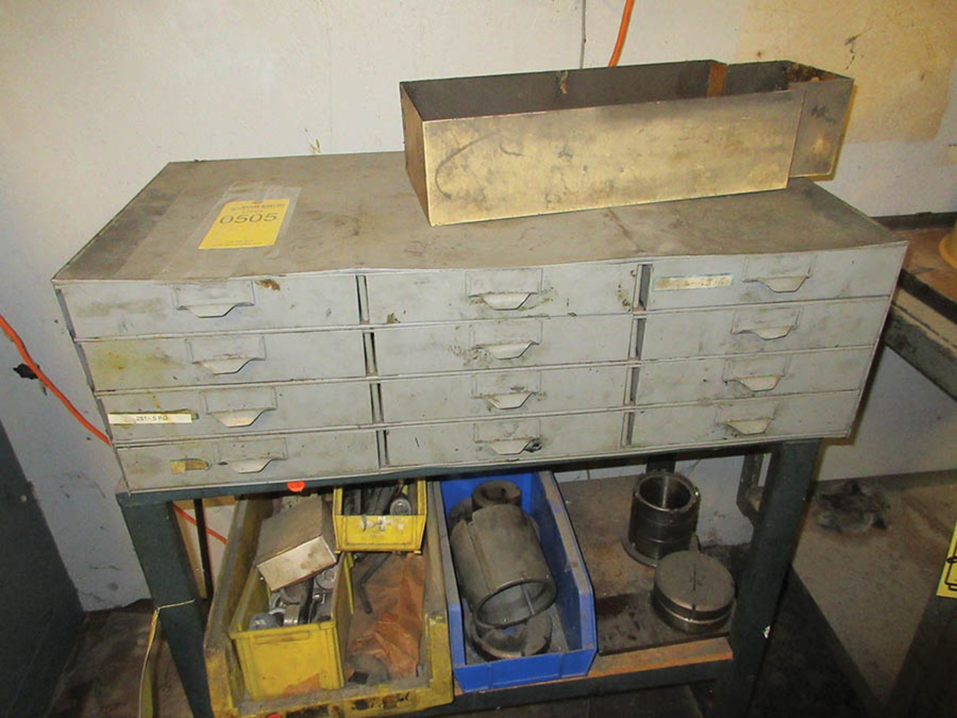 (2) TABLES AND SMALL PARTS BIN W/ TURRET PUNCH TOOLING